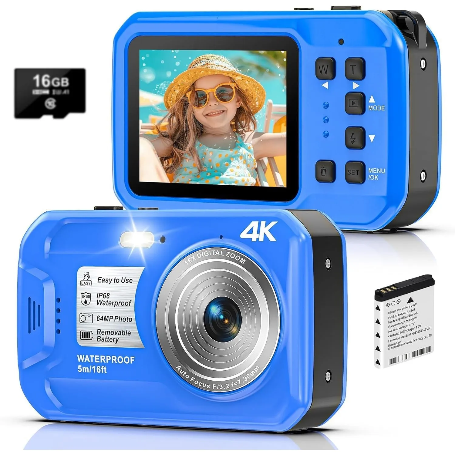 Unterwasserkamera, 4K 64MP 16FT wasserdichte Digitalkamera | Autofokus, wasserdichte Kamera zum Schnorcheln, IPS HD Bil…