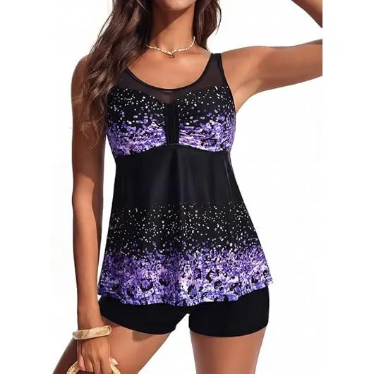 Hanna Nikole Tankini Damen Set,Bauchweg Badeanzug,Zweiteilig Bogen Tankini Oberteil Mit High Waist Badeshorts,Maschenve…