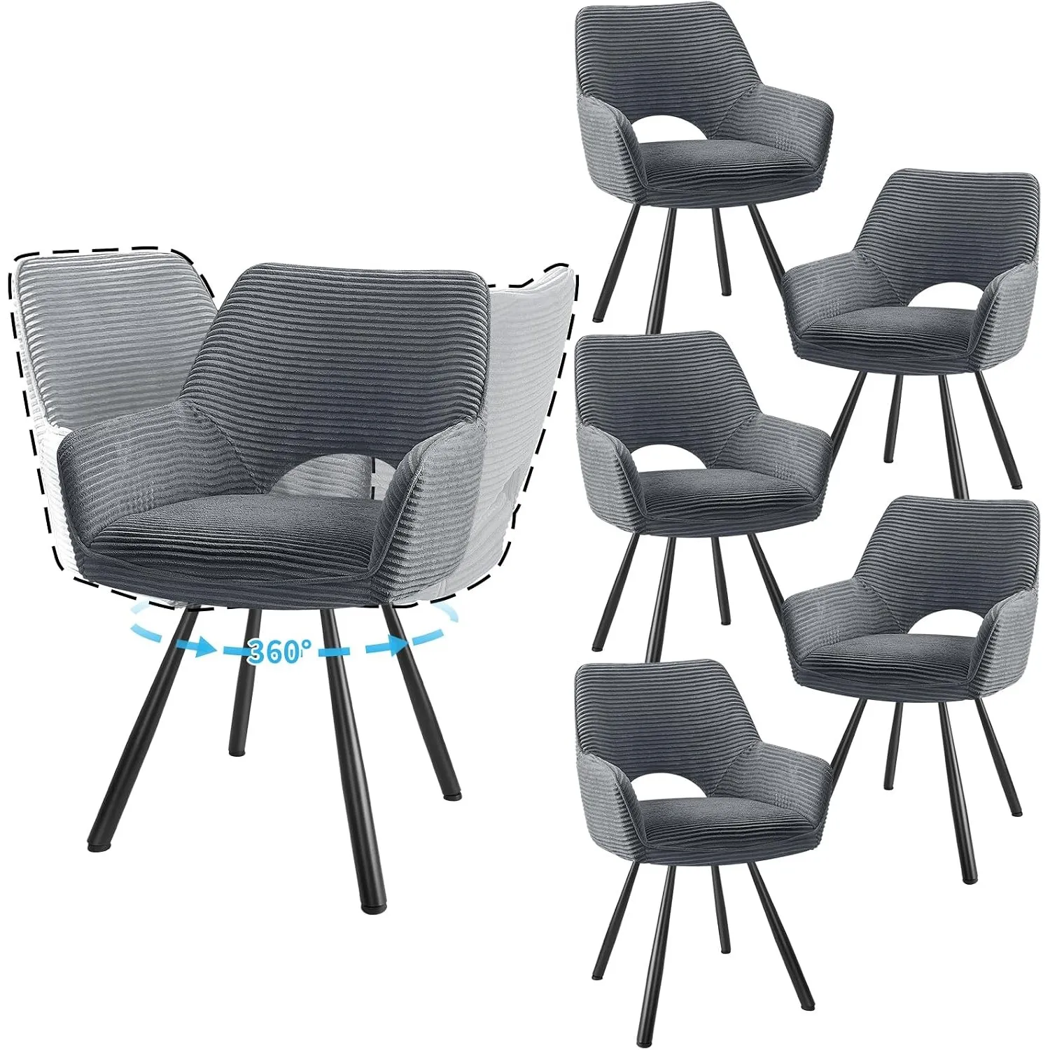 JIJIAN 6er Set 360° Drehbare Esszimmerstühle mit Armlehnen, Grau