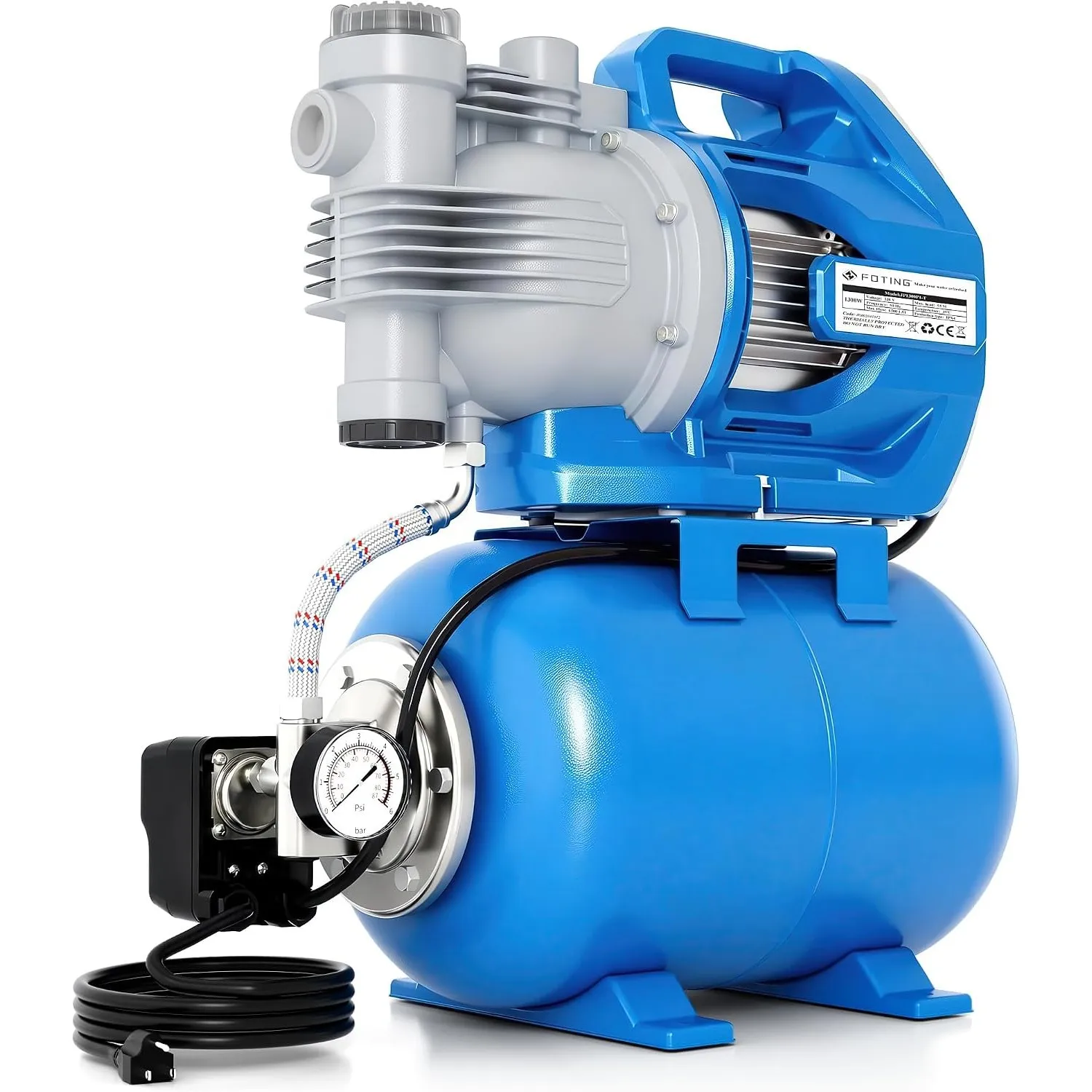 FOTING Hauswasserwerk 1300 W, Fördermenge 6500 l/h, Förderhöhe bis 55 m, max. 5,3 bar Druck mit Grob-Vorfilter & Manome…