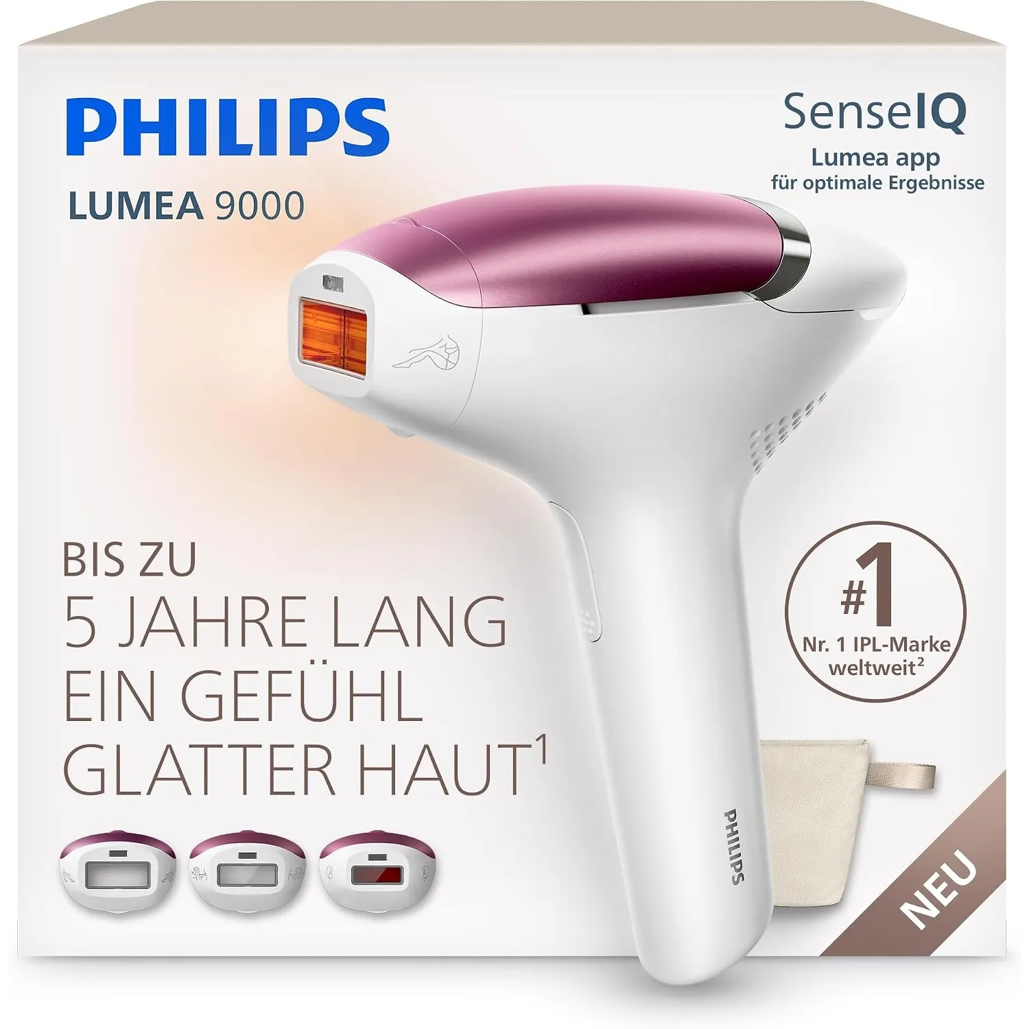Philips Lumea 9000 IPL-Haarentfernungsgerät -Bis zu 5 Jahre lang ein Gefühl glatter Haut¹, Anwendung zu Hause, 3 Aufsät…
