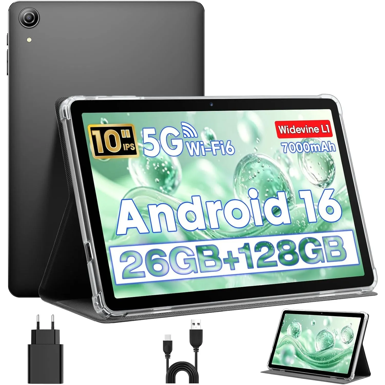 Tablet 10 Zoll, Android 16 Tablet mit Hülle, Unisoc T606 CPU, 26 GB RAM + 128 GB ROM + 1 TB TF, 1280x800 HD IPS Display…