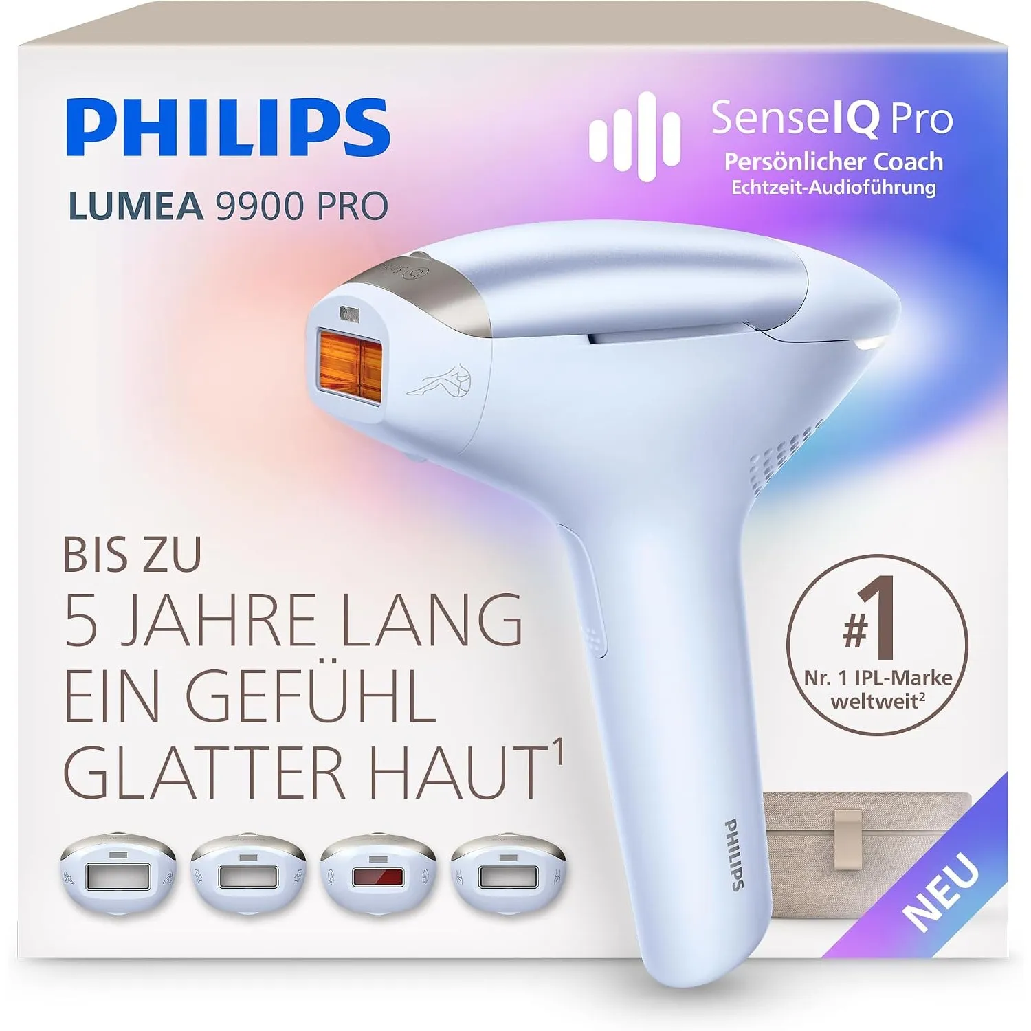 Philips Lumea 9900 Pro IPL-Haarentfernungsgerät -Bis zu 5 Jahre lang ein Gefühl glatter Haut¹, Anwendung zu Hause, 4 Au…