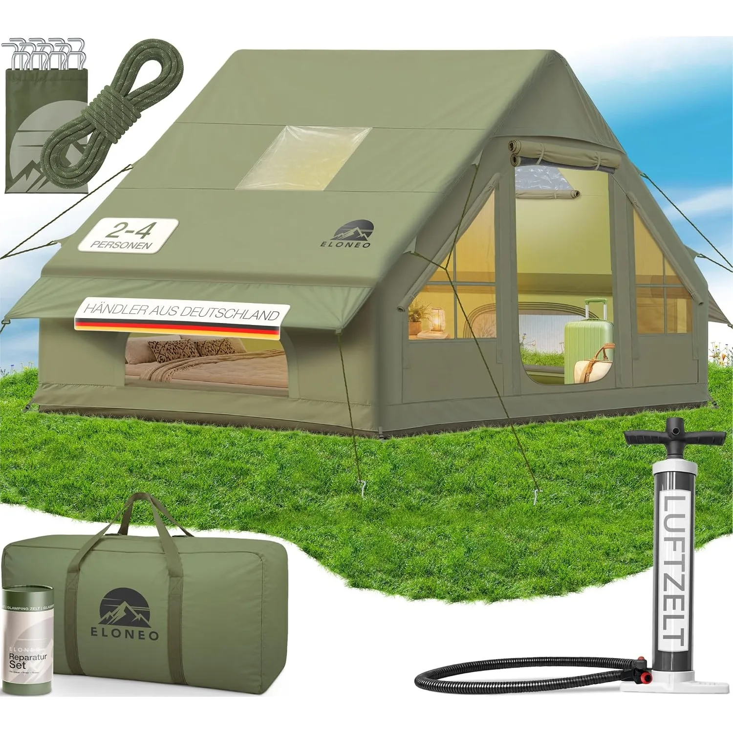 ELONEO aufblasbares Zelt für 2/4/6/8 Personen mit Dachfenster & Luftpumpe, Premium Glamping Zelt wasserdicht, Luftzelt,…
