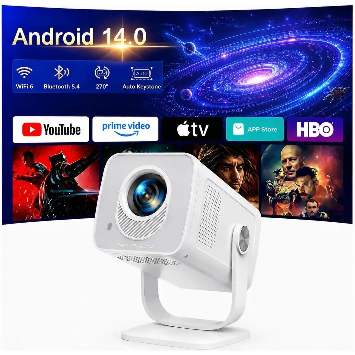 Mini Beamer 4K Unterstützt [Android 14 & App Steuerung] WiFi 6 BT 5.4