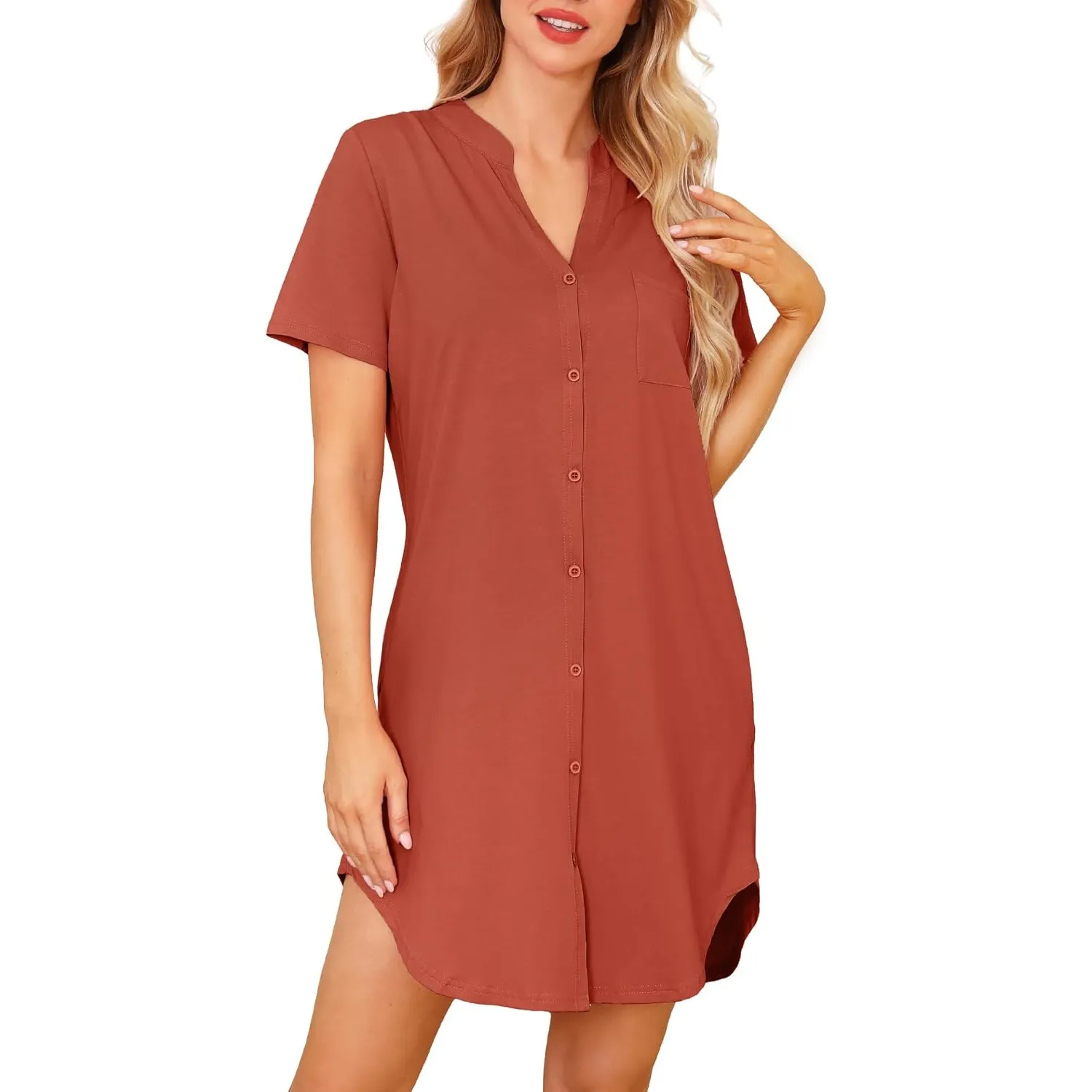 Lovasy Nachthemden für Damen Kurzarm Baumwolle Sommer Schlafshirt Still Nachthemd mit Knöpfen Damen Geburtshemd mit Tas…