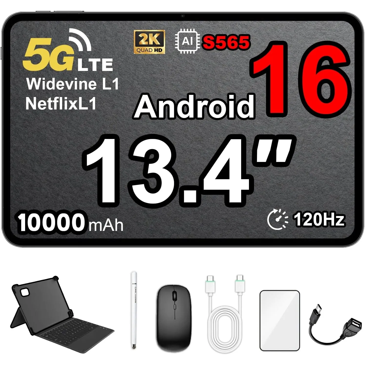 Tablet 13,4 Zoll, Android 16 Tablet mit SIM Card Slot 4G/5G LTE Calling, 120Hz Display, 32GB+256GB, 10000mAh, S565 2.9G…