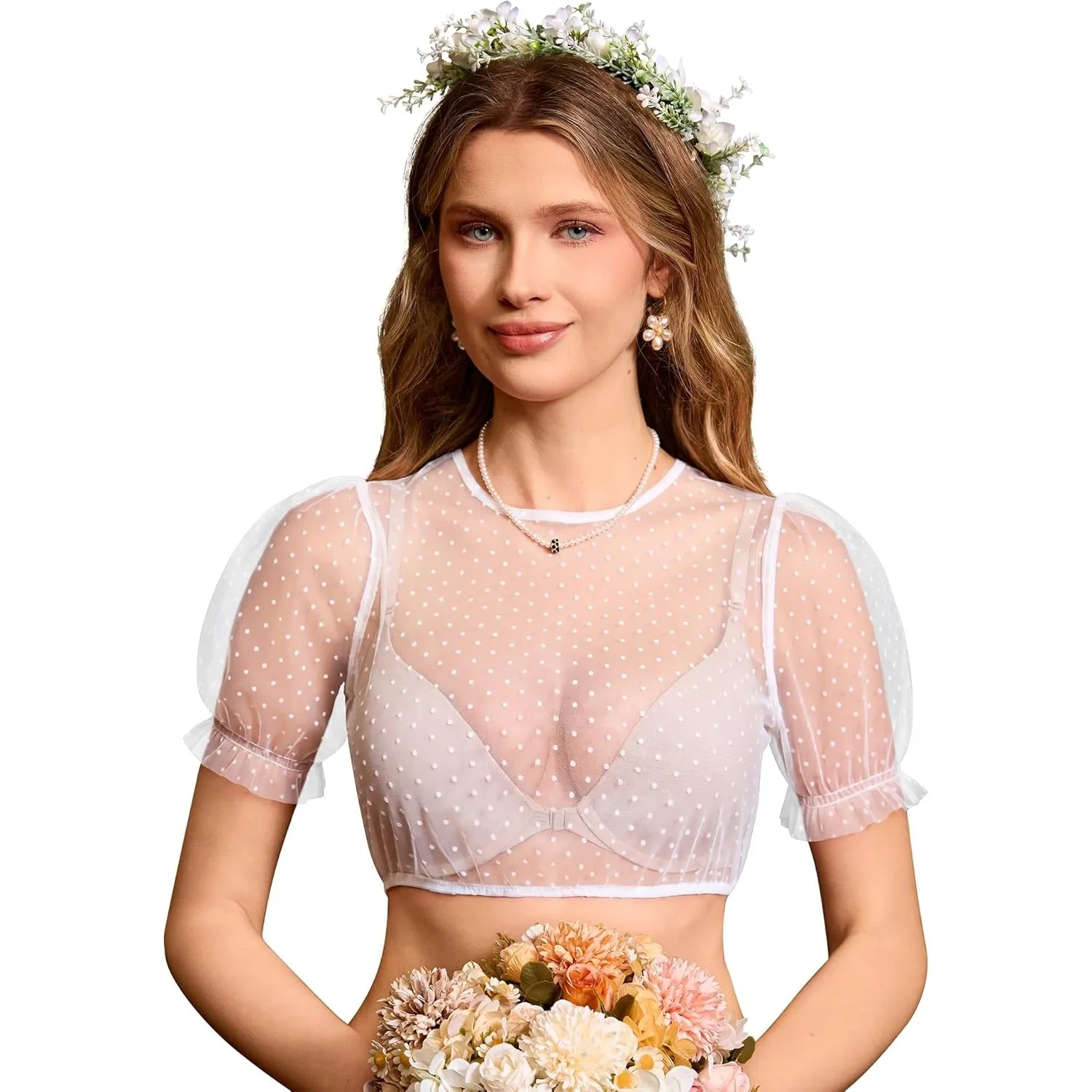 DIRNDLSTERN Bluse Damen – Dirndlbluse Transparent mit Punkten Puffärmel Trachtenbluse Kurzarm für Oktoberfest & Bayeris…