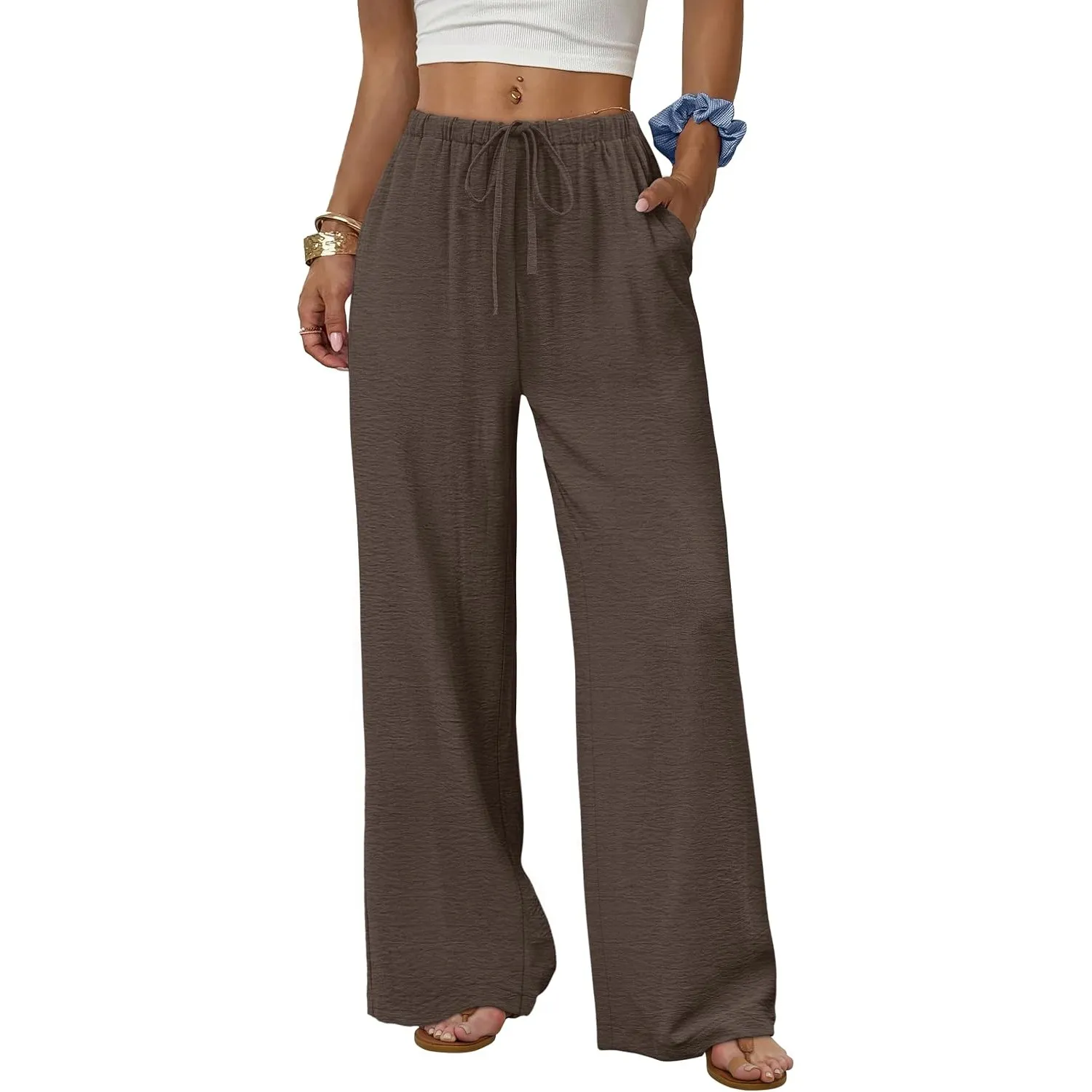 WIHOLL Sommerhose Damen Leichte Weite Palazzo Hose Hohe Taille mit Taschen Locker Loose Fit Stoffhose Casual Elegant Fr…