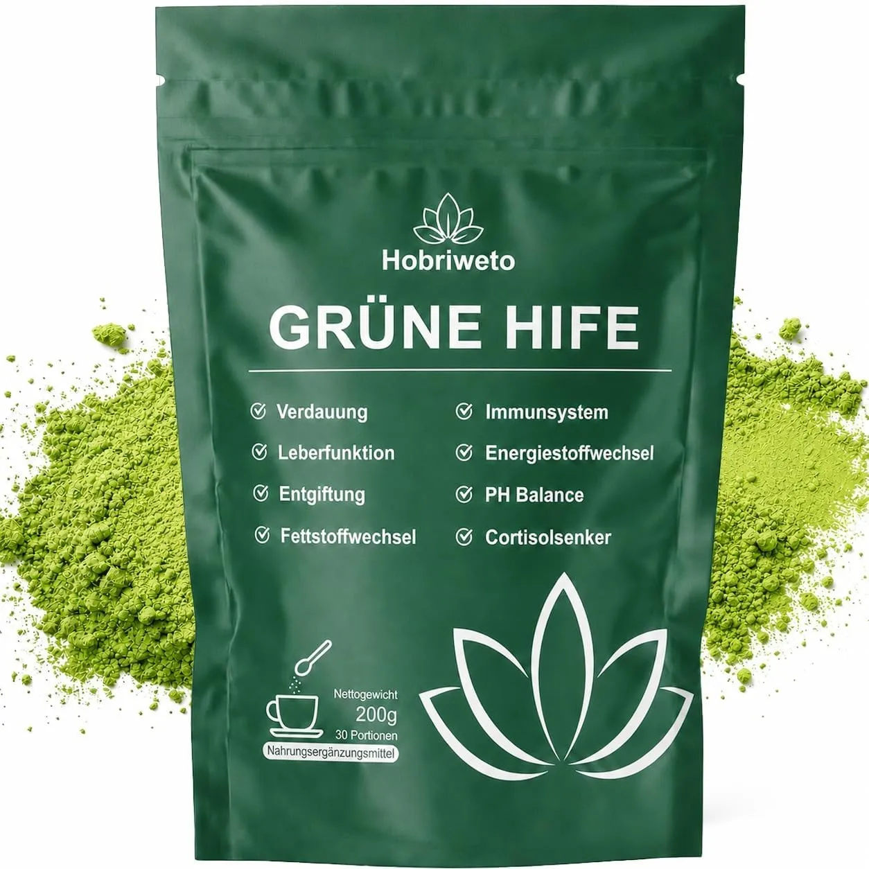 Grüne Entgiftungspulver, 2026 Neu 200g Superfood Helfer Pulver mit 40+ Nährstoffquellen, Gerstengras, Ashwagandha, Rhod…