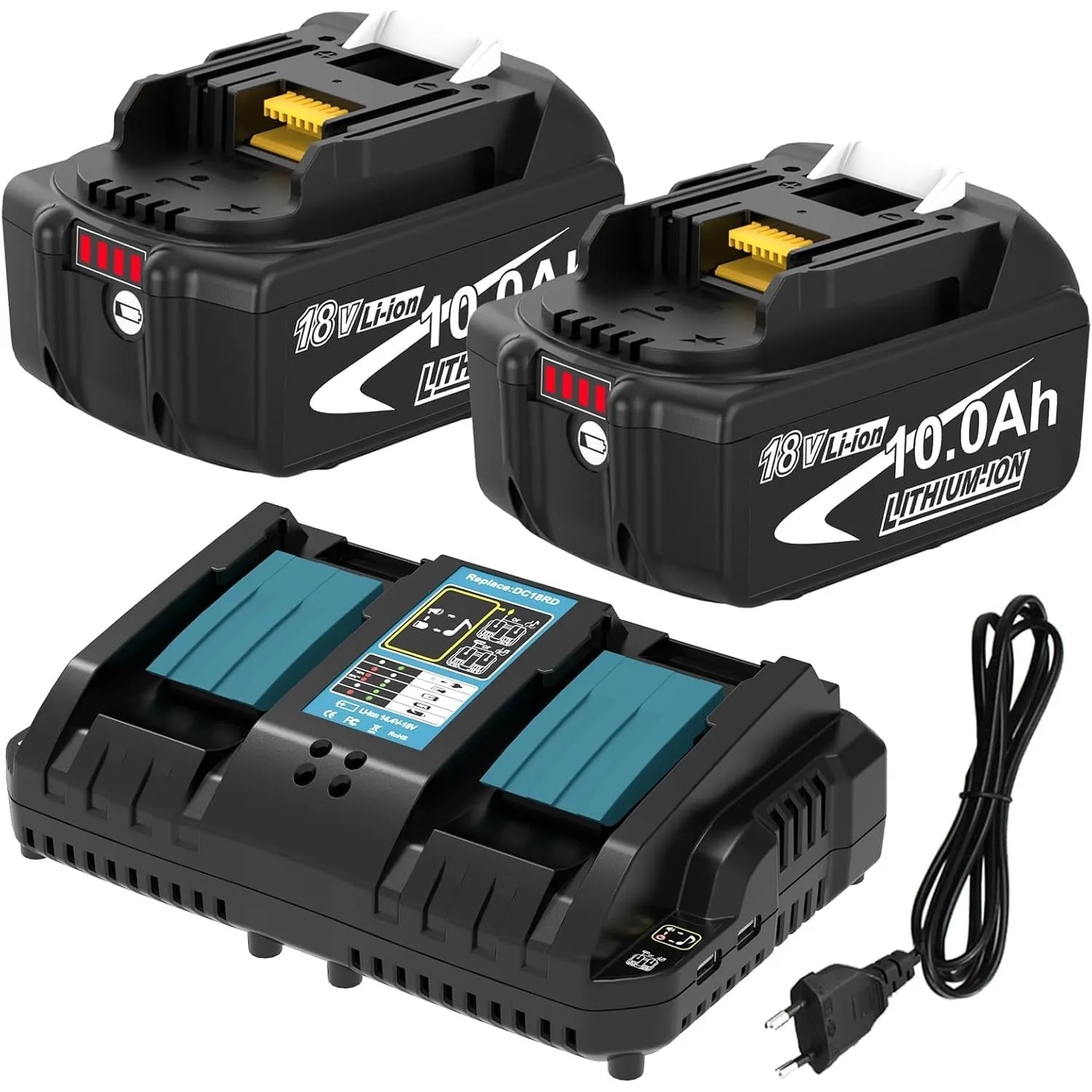 2 Stück 10.0Ah Ersatzakku für Makita Akku 18V + Doppel-Ladegerät DC18RD für BL1860B BL1860B BL1850B BL1850 BL1860 BL184…