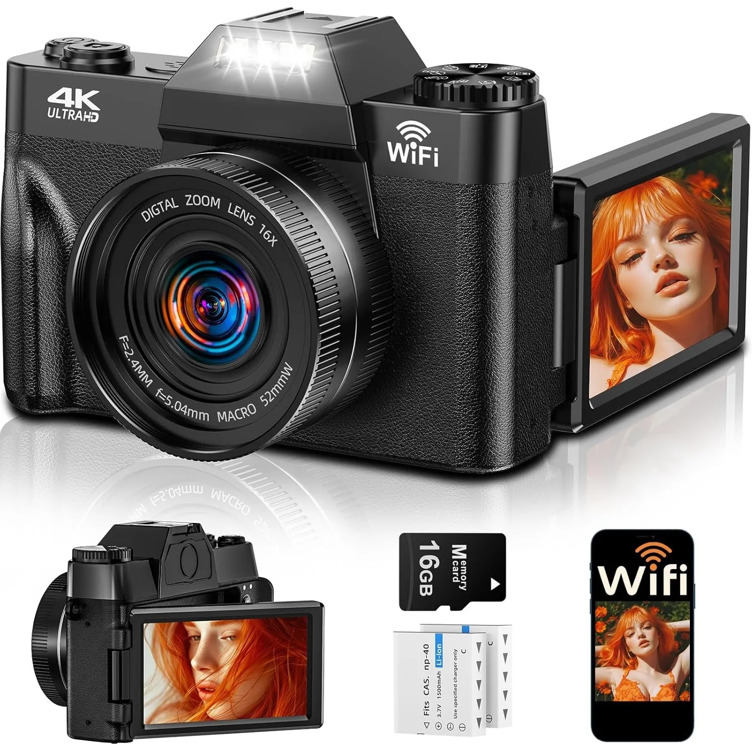 4K 75MP Digitalkamera mit WLAN & 180° Flip 3.0" Bildschirm, Autofokus Vlogging Fotoapparat mit 2X 1500mAh Batterien, Mi…