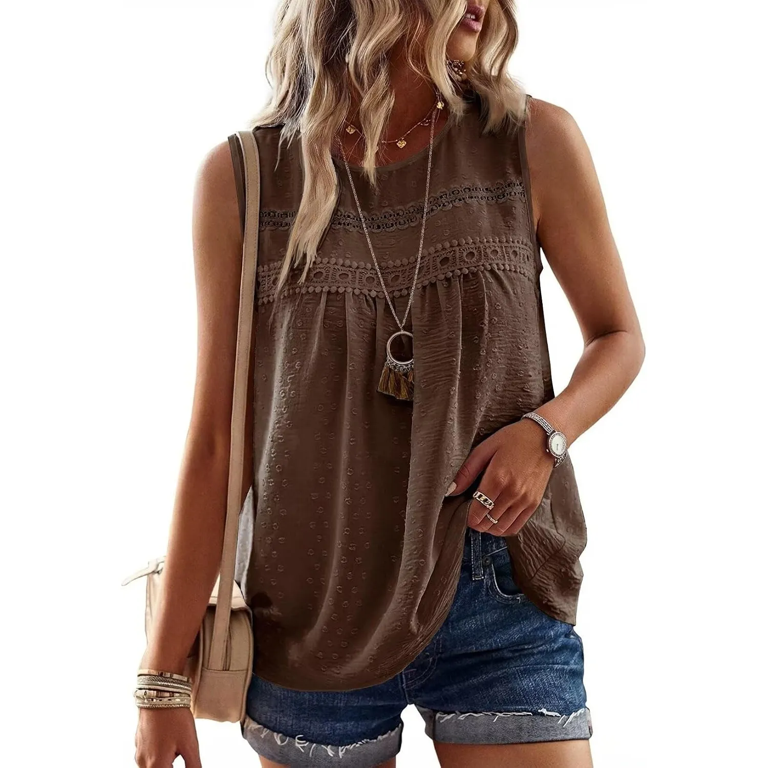 Tank Top Damen Sommer Bluse Ärmellose Oberteile Elegant Swiss Dot | Rundhal Ausschnitt Oberteile, Boho Swiss Dot T Shir…
