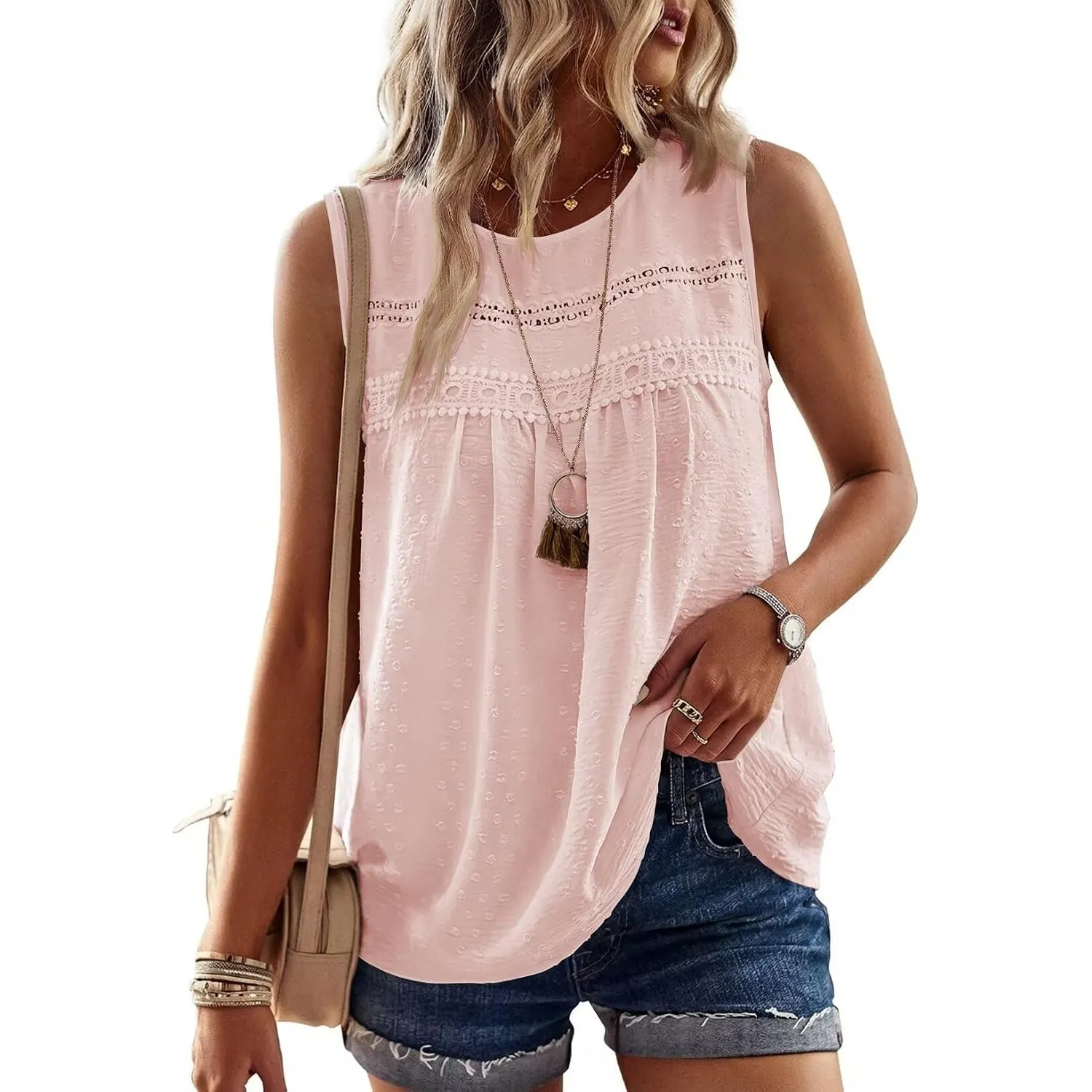 Tank Top Damen Sommer Bluse Ärmellose Oberteile Elegant Swiss Dot | Rundhal Ausschnitt Oberteile, Boho Swiss Dot T Shir…