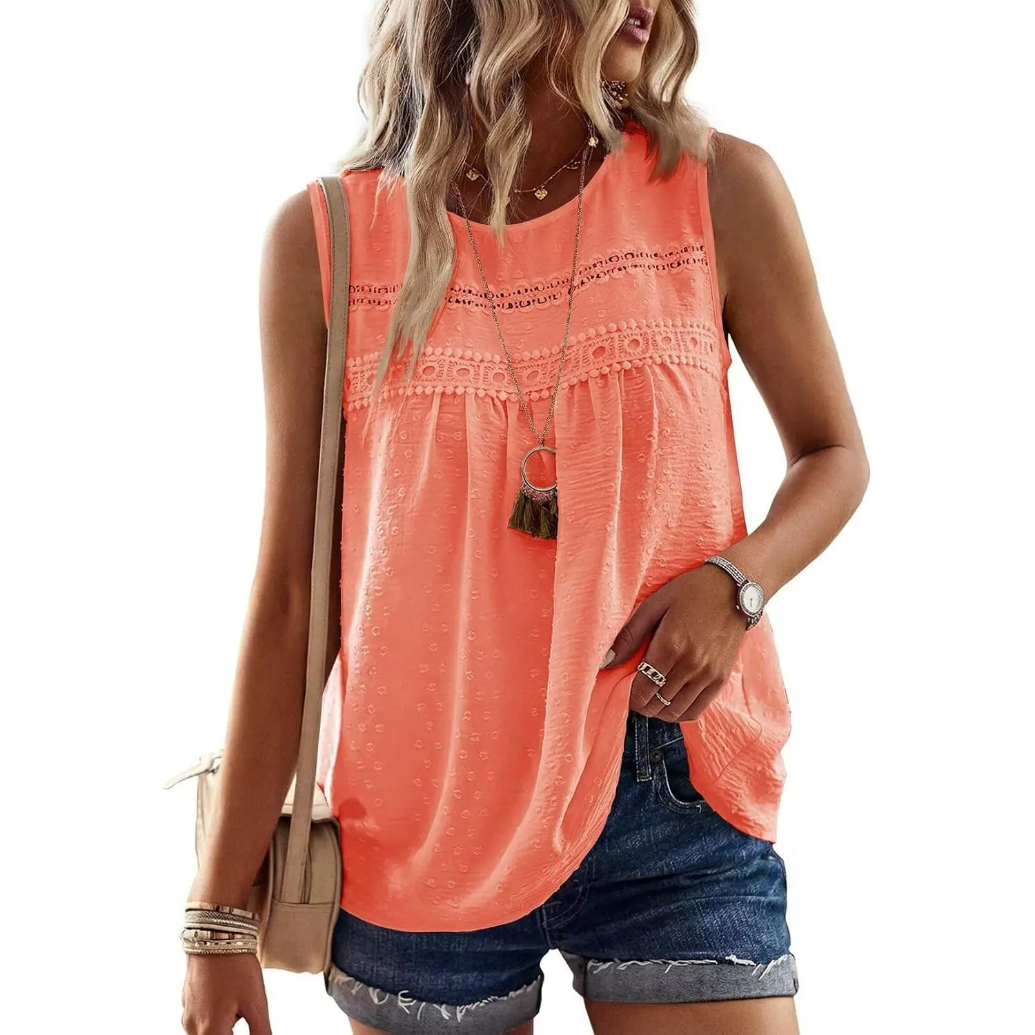 Tank Top Damen Sommer Bluse Ärmellose Oberteile Elegant Swiss Dot | Rundhal Ausschnitt Oberteile, Boho Swiss Dot T Shir…