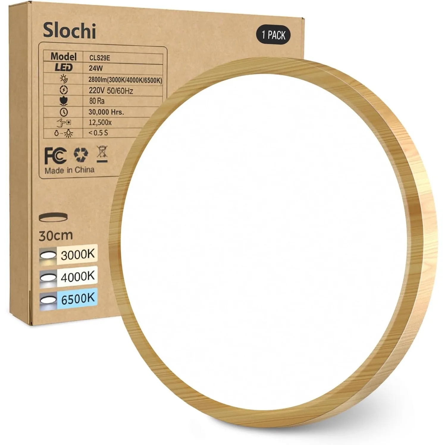 slochi LED Deckenleuchte Flach Wooden 3Farben Ø30CM 24W 2800LM Deckenlampe