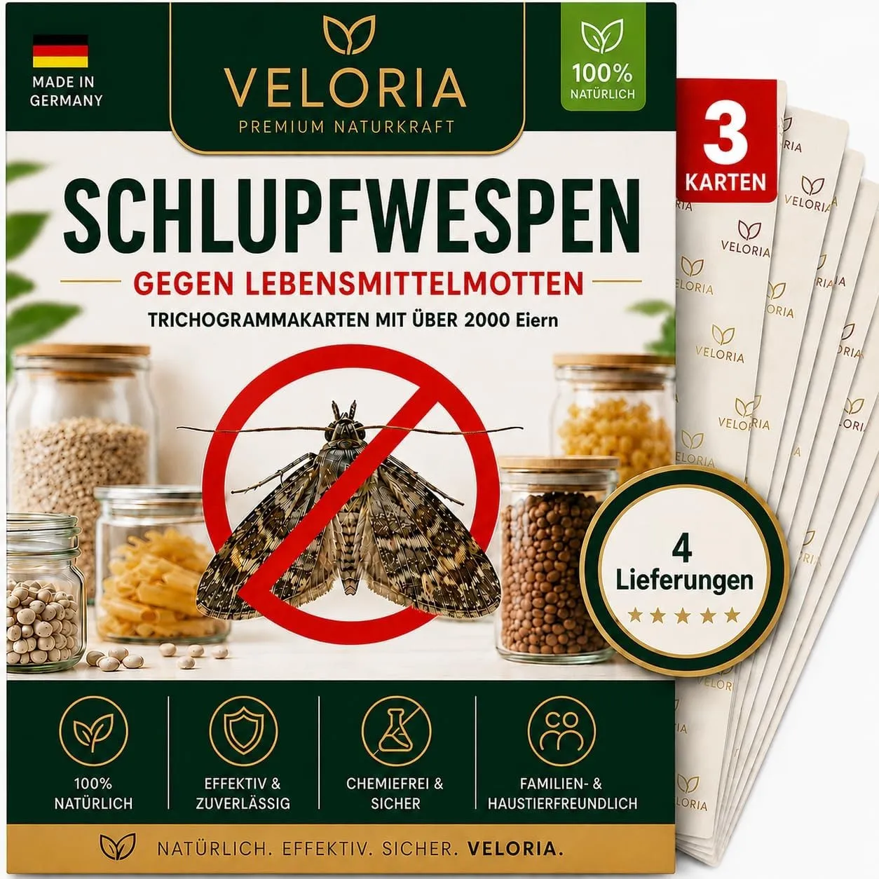 VELORIA Schlupfwespen gegen Lebensmittelmotten - 12 Karten (3 Karten à 4 Lieferungen) - Effekt. Lebensmittel Motten bek…