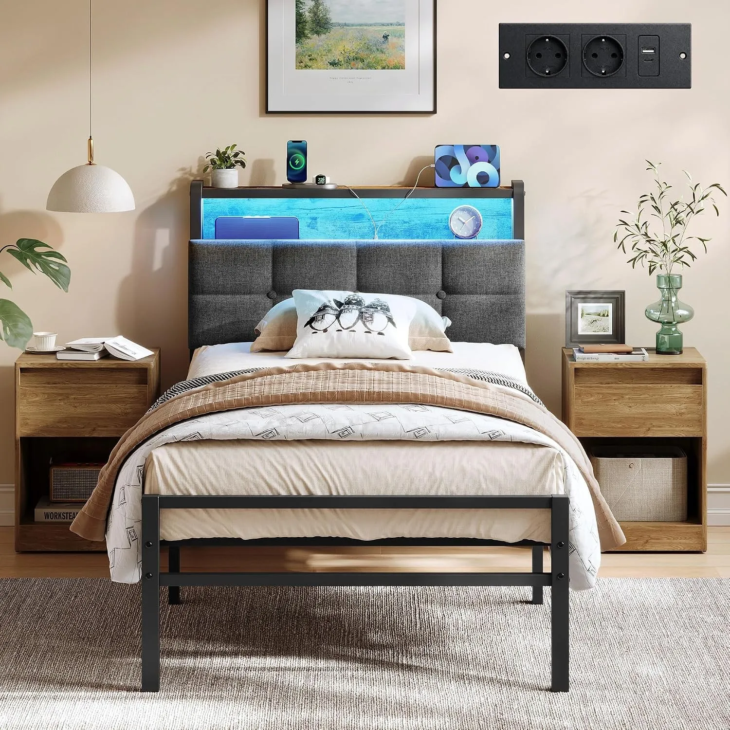 VASAGLE Metallbett 90 x 200 cm, mit Kopfteil, Stauraum und LED
