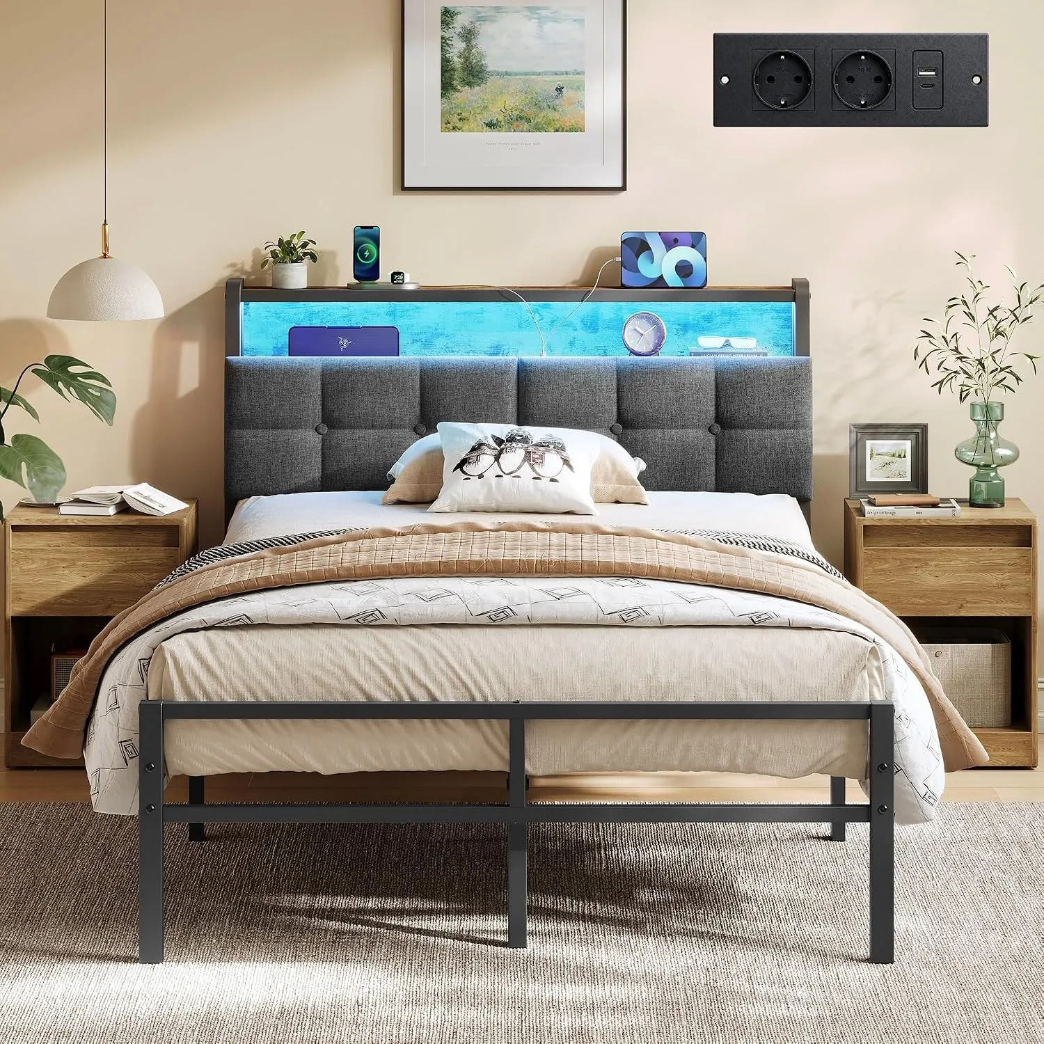 VASAGLE Bettgestell 120 x 200 cm, Bett mit LED-Beleuchtung, Steckdosenleiste, aus Metall, Bettrahmen mit gepolstertem K…