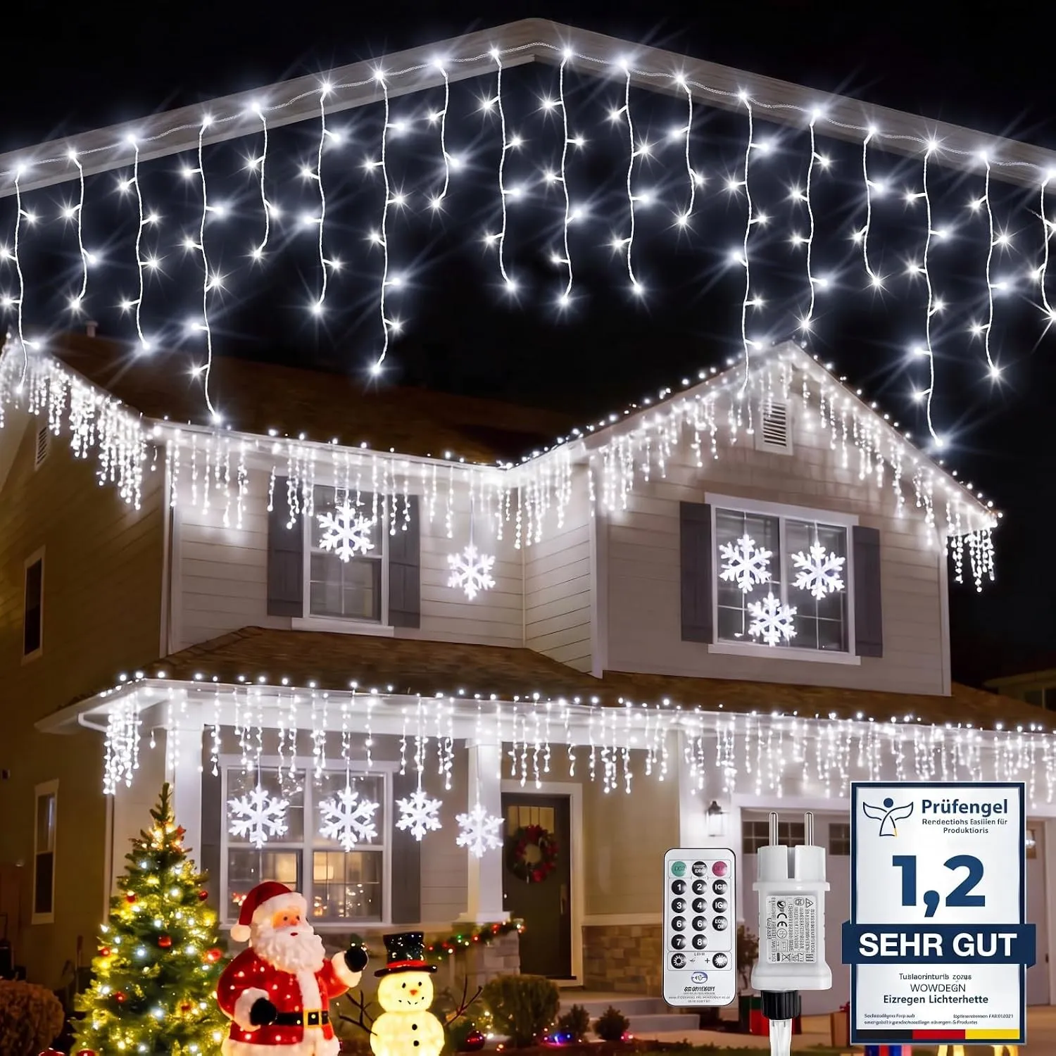 WOWDSGN Eisregen Lichterkette Außen 20M 605LED Kaltweiß IP44 Wasserdicht