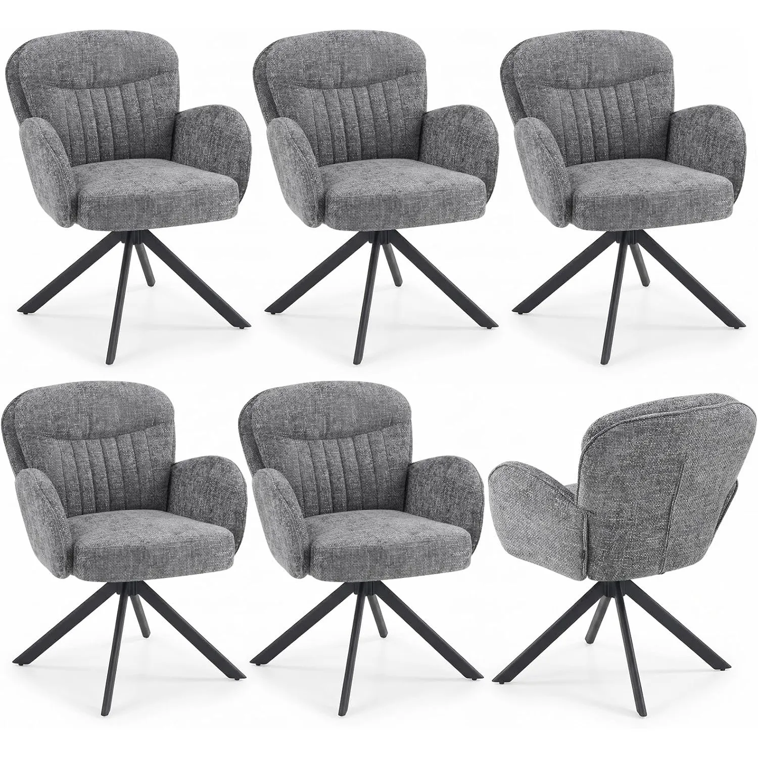 Esszimmerstühle 6er Set, 360° drehbar mit Armlehnen, doppelt gepolsterte Chenille-Stühle grau, ergonomische Rückenlehne…