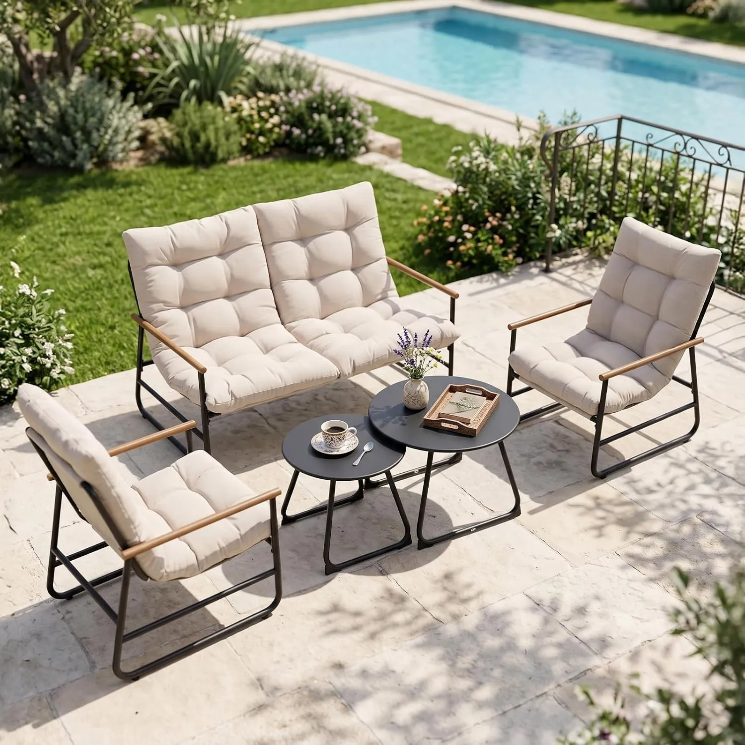 NATURAL EXPRESSIONS 5-teiliges Gartenmöbel Set, Outdoor Lounge Set für Balkon & Terrasse, 2-Sitzer Sofa, 2 Sessel & 2 C…