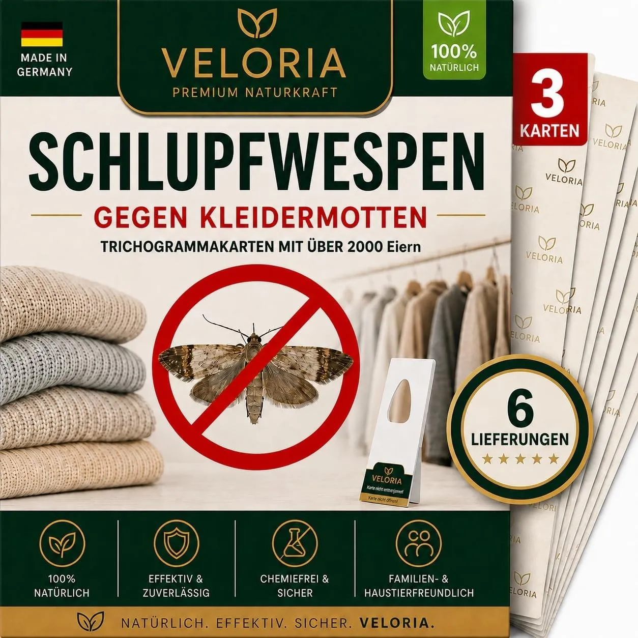 VELORIA Schlupfwespen gegen Kleidermotten - 18 Karten (3 Karten à 6 Lieferungen) - Effektiv Kleider Motten bekämpfen - …