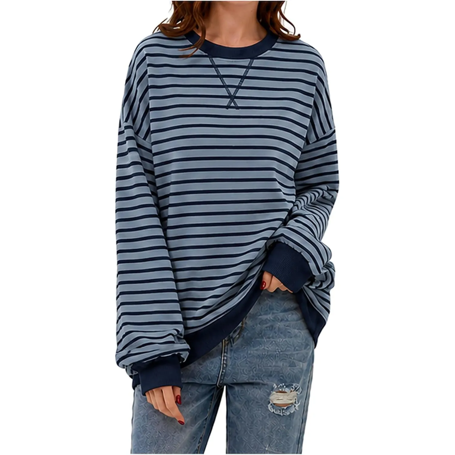 DUOEASE Pullover Damen Streifen Oversize Pullover Langarm Herbst Rundhals Sweatshirt Y2K Oberteile
