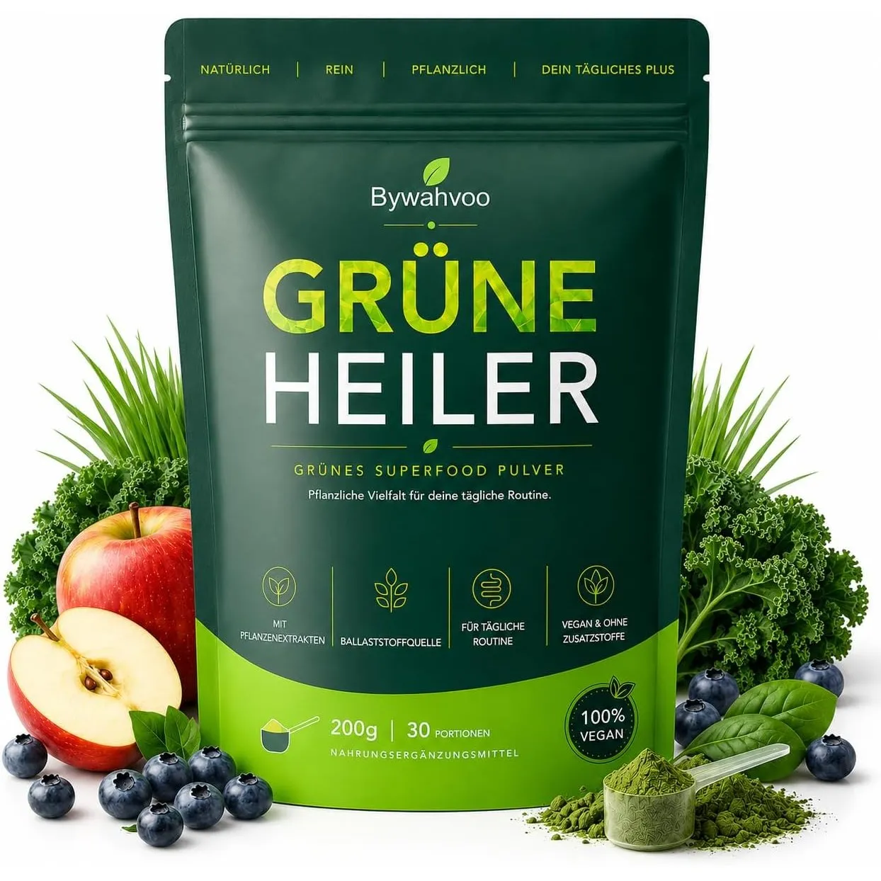 Grünes Entgiftungspulver mit Matcha, Gerstengras, Spirulina & Heidelbeeren – Ballaststoffreich, voller Mikronährstoffe,…