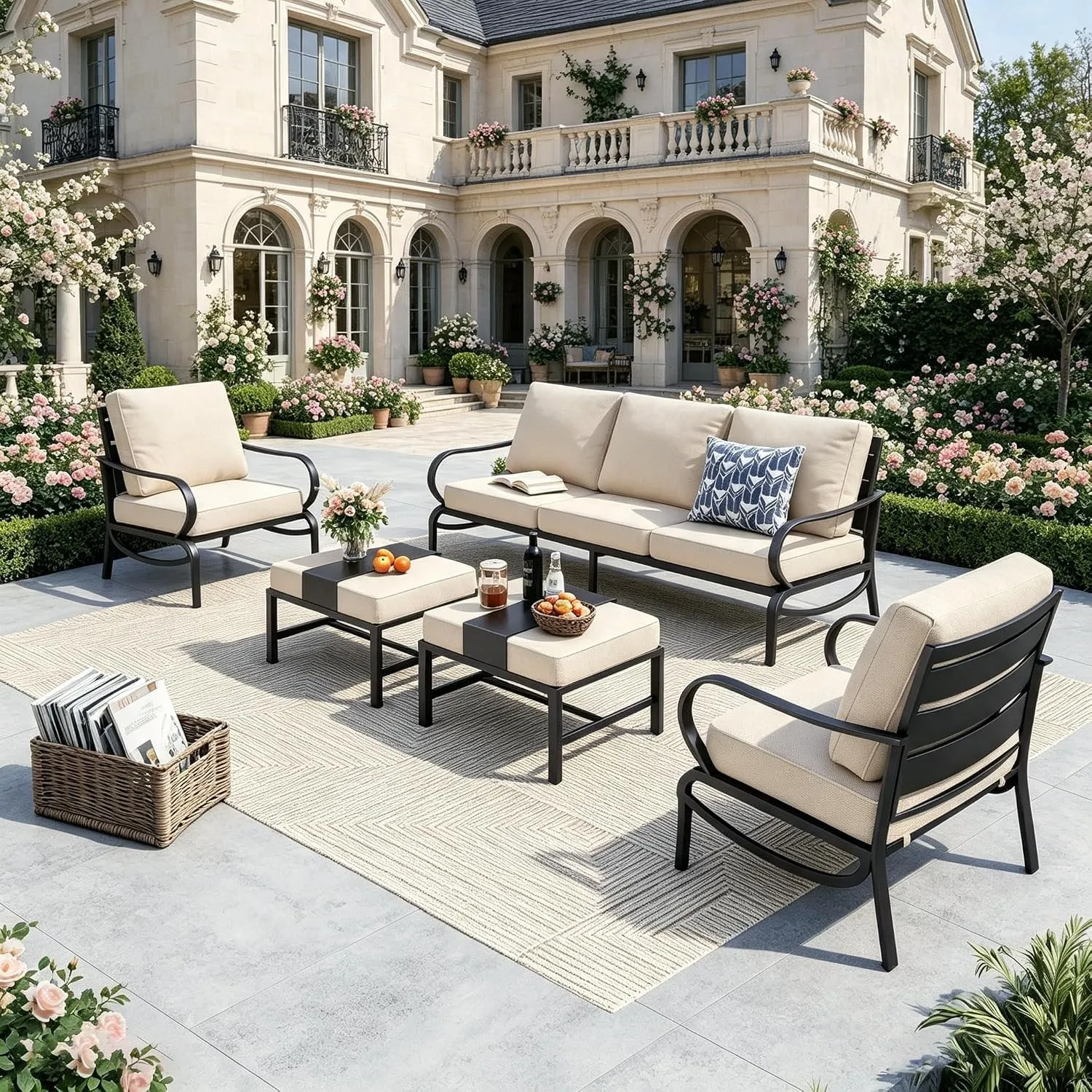 PHI VILLA Gartenmöbelsets 7-Sitzer, 5-teiliges Metall Lounge Möbel Outdoor, Gartenlounge Modulare Terassenmöbel Beige m…
