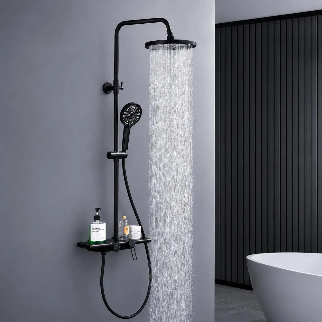 HOMELODY Duschsystem mit Armatur und Glasablage, Duscharmatur Schwarz