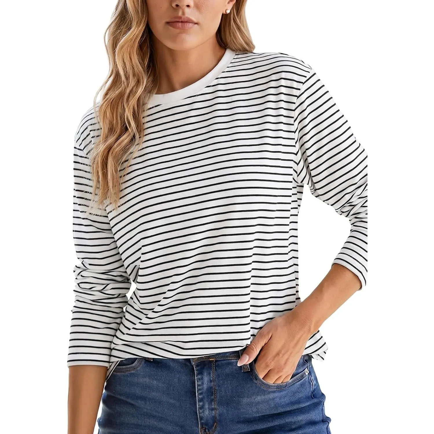 Cicy Bell Damen Gestreift Langarmshirt Rundhals Oberteil