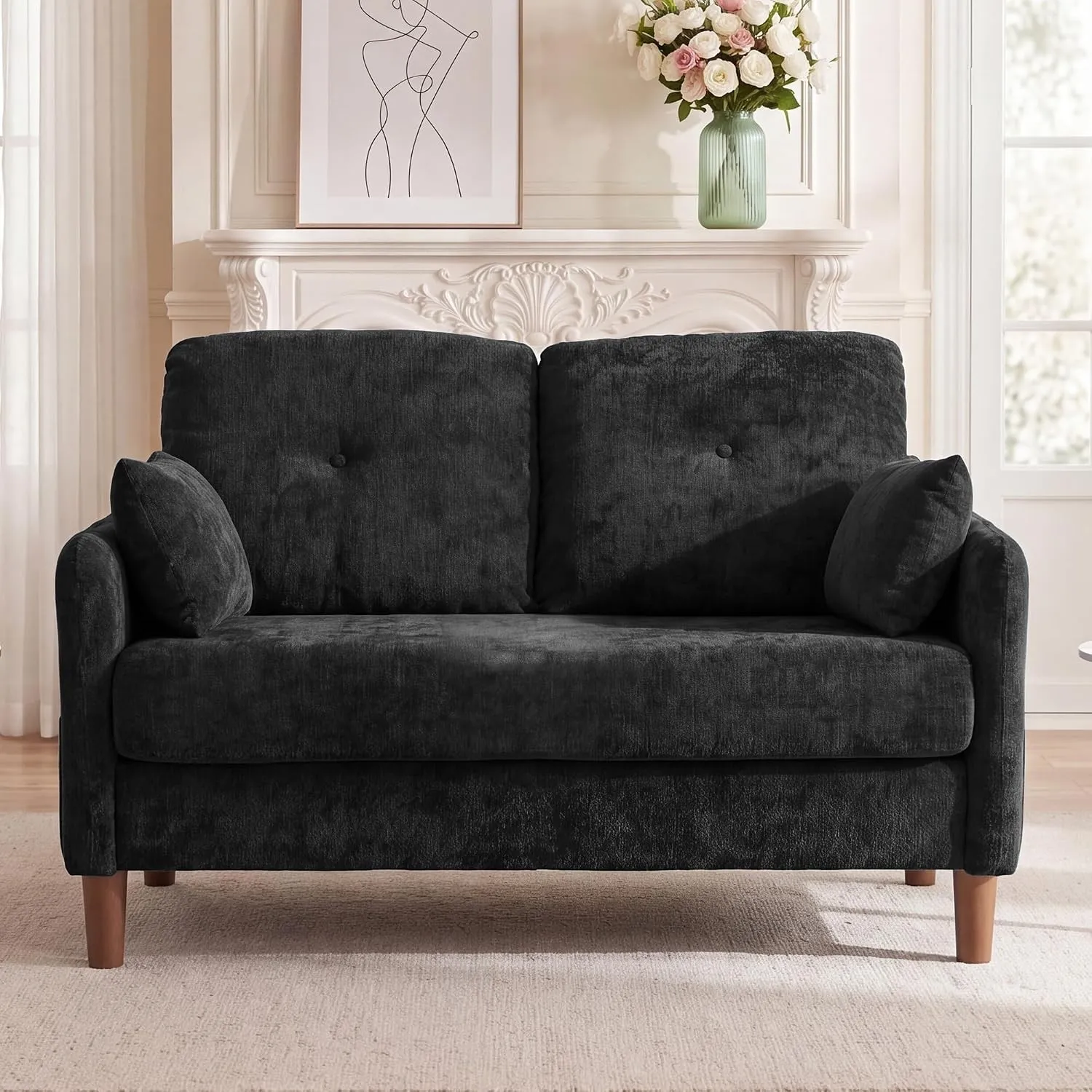 Vipbear Kleines Sofa 2-Sitzer, 124CM Kleine Couch, Schwarz ChenilleStoff Mini Couch mit 2 Kissen, MiniSofa mit Armlehne…