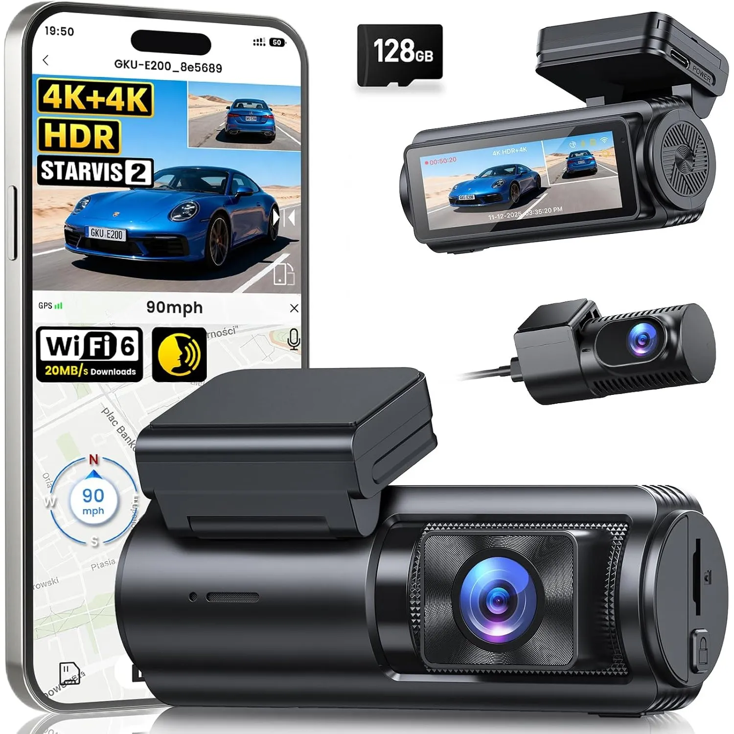 GKU 4K+4K Dashcam Auto Vorne Hinten mit STARVIS 2 Sensor, HDR Nachtsicht