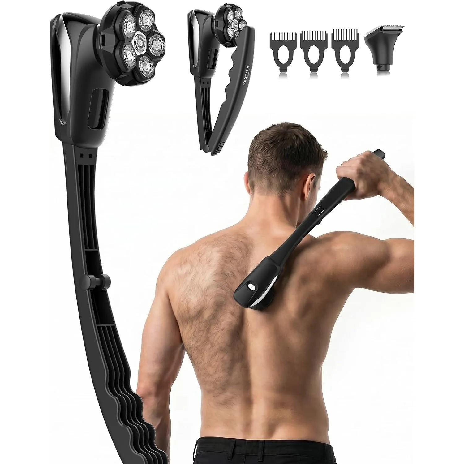 VIKICON Rückenrasierer Herren, Elektrischer Körperrasierer mit Klappgriff | 6D-Scherkopf, 2-in-1 Bodygroom für Rückenra…