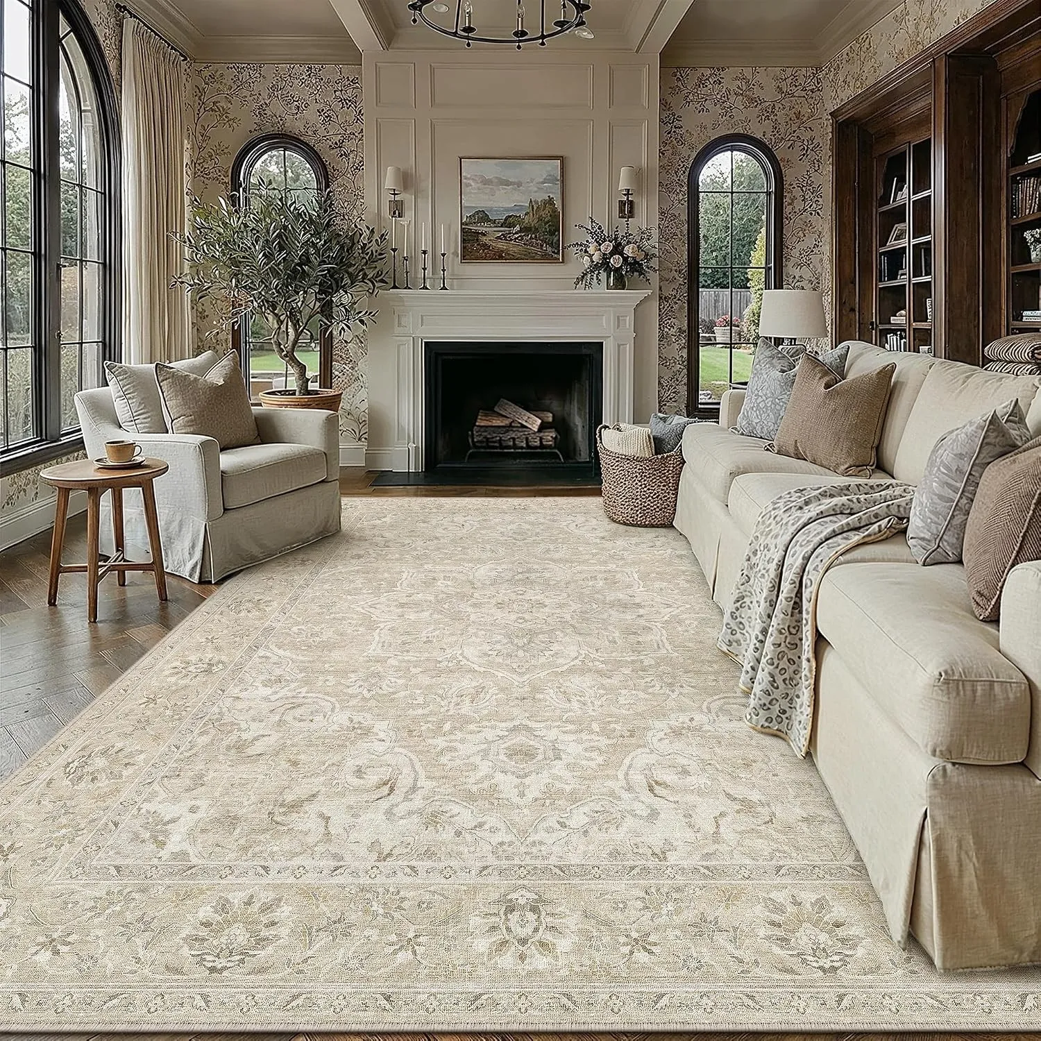 PureCozy Beige Teppich Wohnzimmer 300x400cm Schlafzimmer Wohnzimmerteppich Vintage Waschbarer Weich Kurzflor rutschfest…