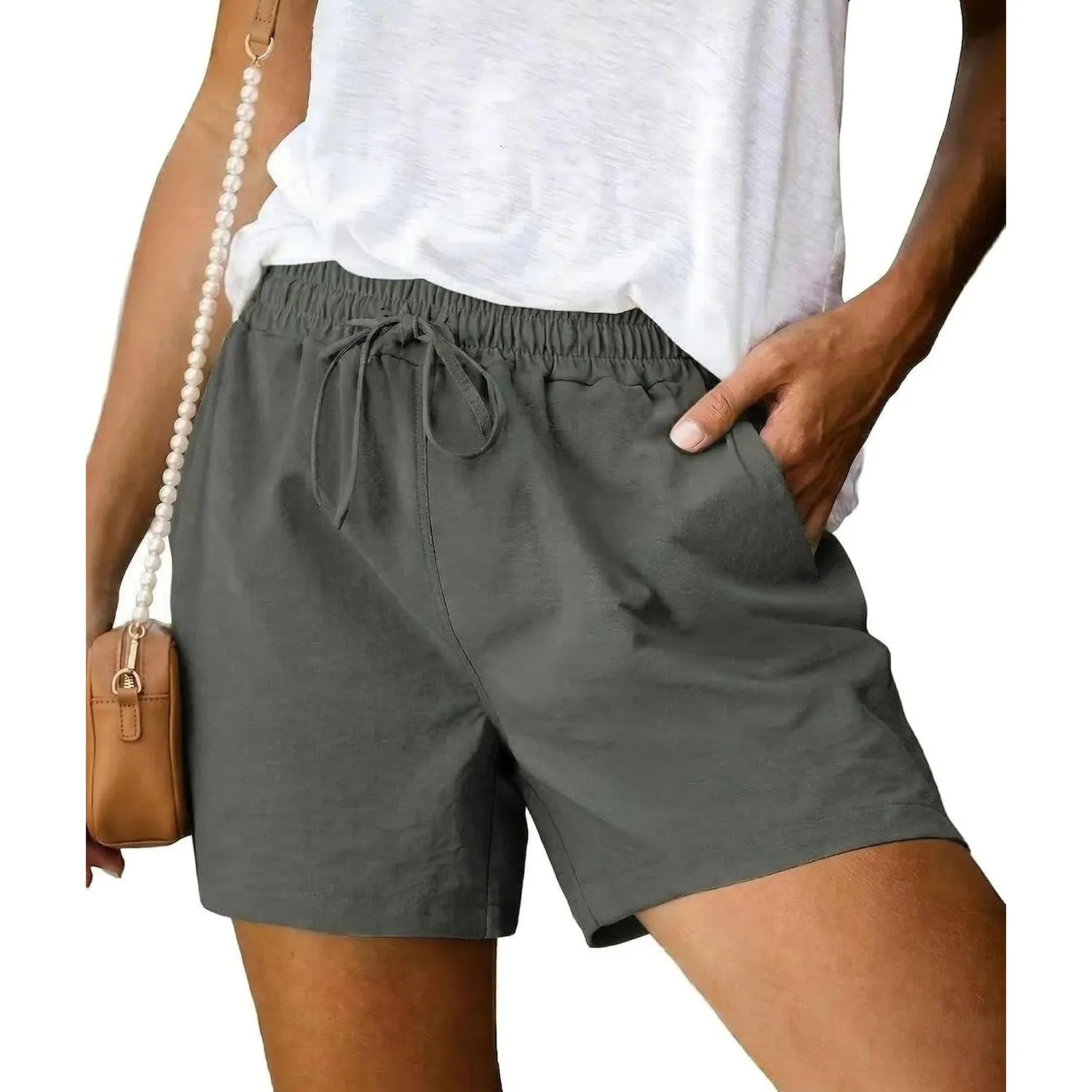 Terecey Kurze Hose Damen Sommer Leinen Sporthose Freizeithose Casual Bermuda Shorts mit Kordelzug und Taschen Beach Yog…