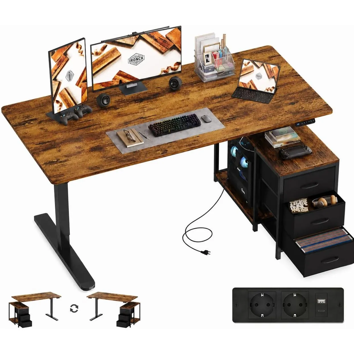 IRONCK Höhenverstellbarer Schreibtisch 160x80cm Steckdose & Stoffschubladen
