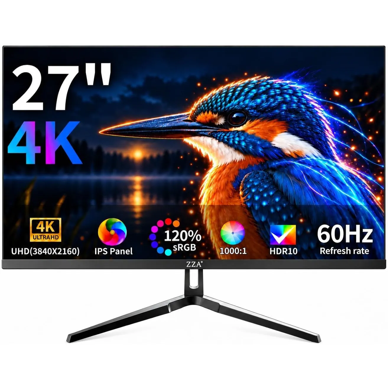 ZZA 27 Zoll 4K Monitor, UHD 3840×2160 IPS Bildschirm, HDR10, 100% sRGB
