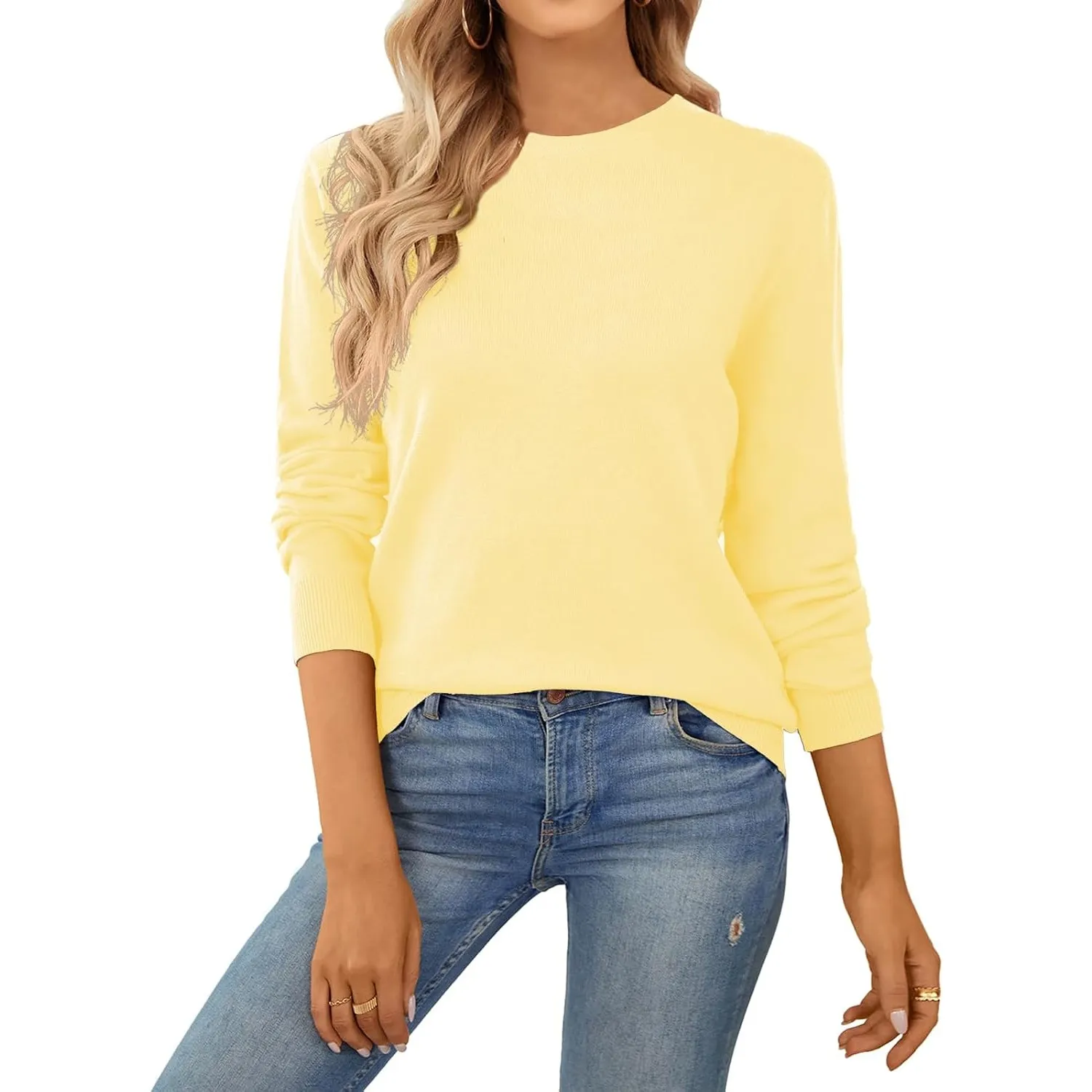 QUALFORT Damen Pullover 100% Baumwolle Leichter Langärmeliger Basic Strickpullover