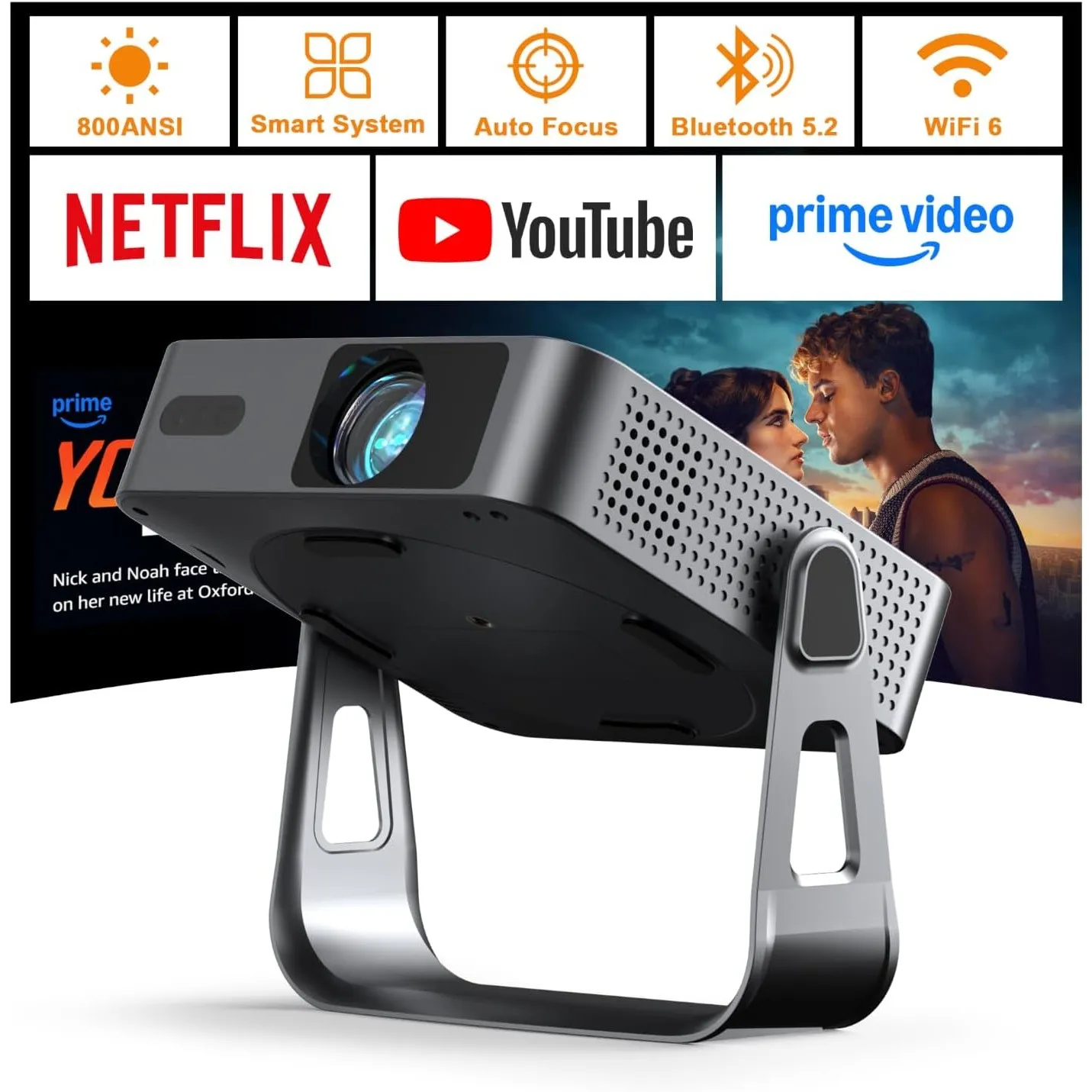 Smart Beamer【800ANSI ＆ Offizielle App】 Mini Projektor mit Autofokus ＆ Trapezkorrektur, VOPLLS Full HD 1080P WiFi6 Bluet…