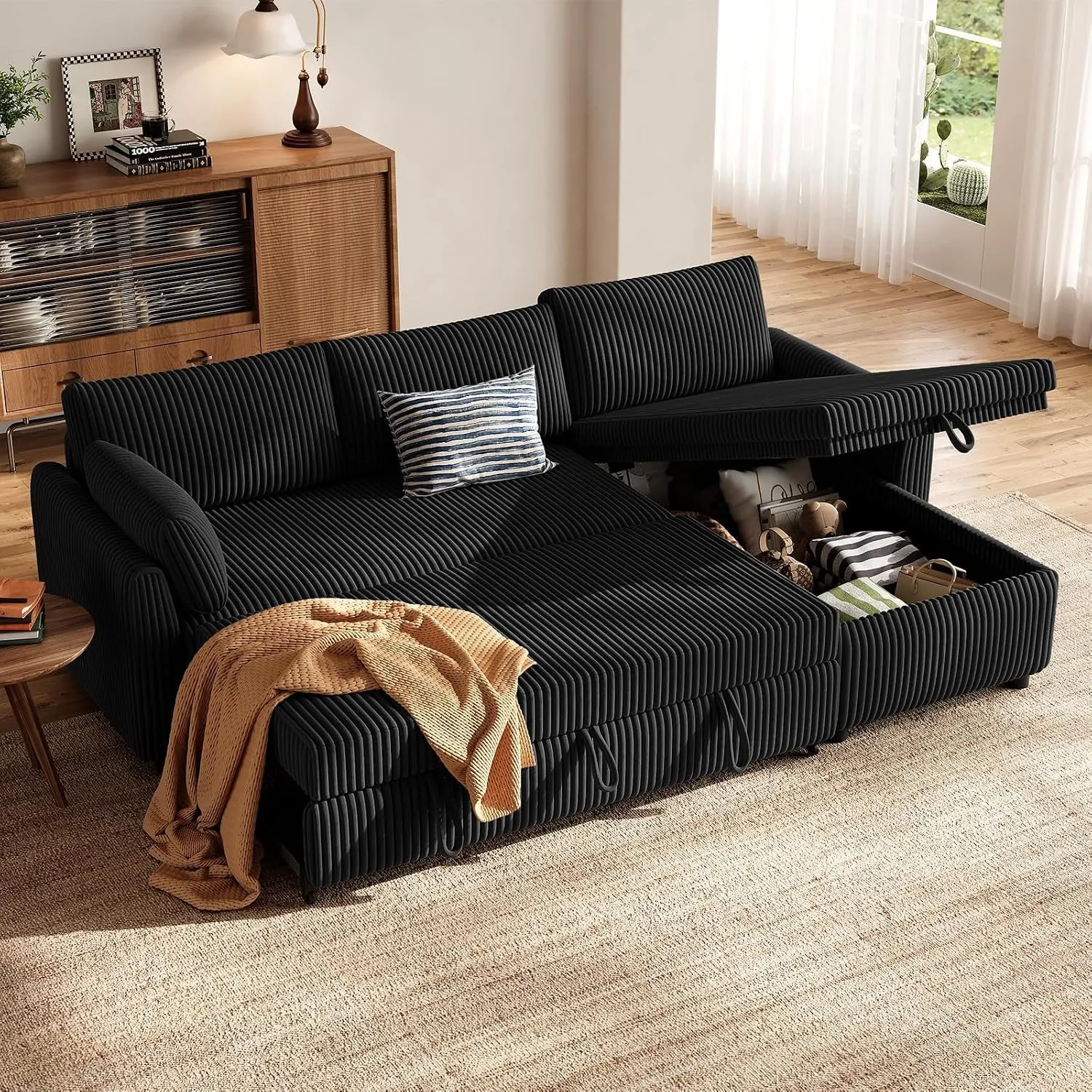 HOMRELEXA Ecksofa mit Schlaffunktion, Cord Schlafsofa in L-Form, Sofa Bed