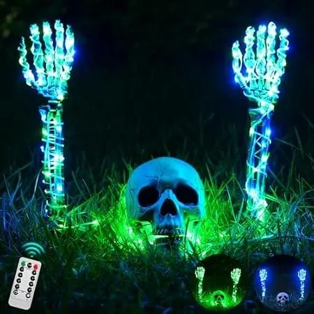 Maxee Halloween Leuchtende Skelett Totenkopf Set, 1 Totenkopf & 2 Schädel Hände mit 3 M Lichterkette & Fernbedienung (8…
