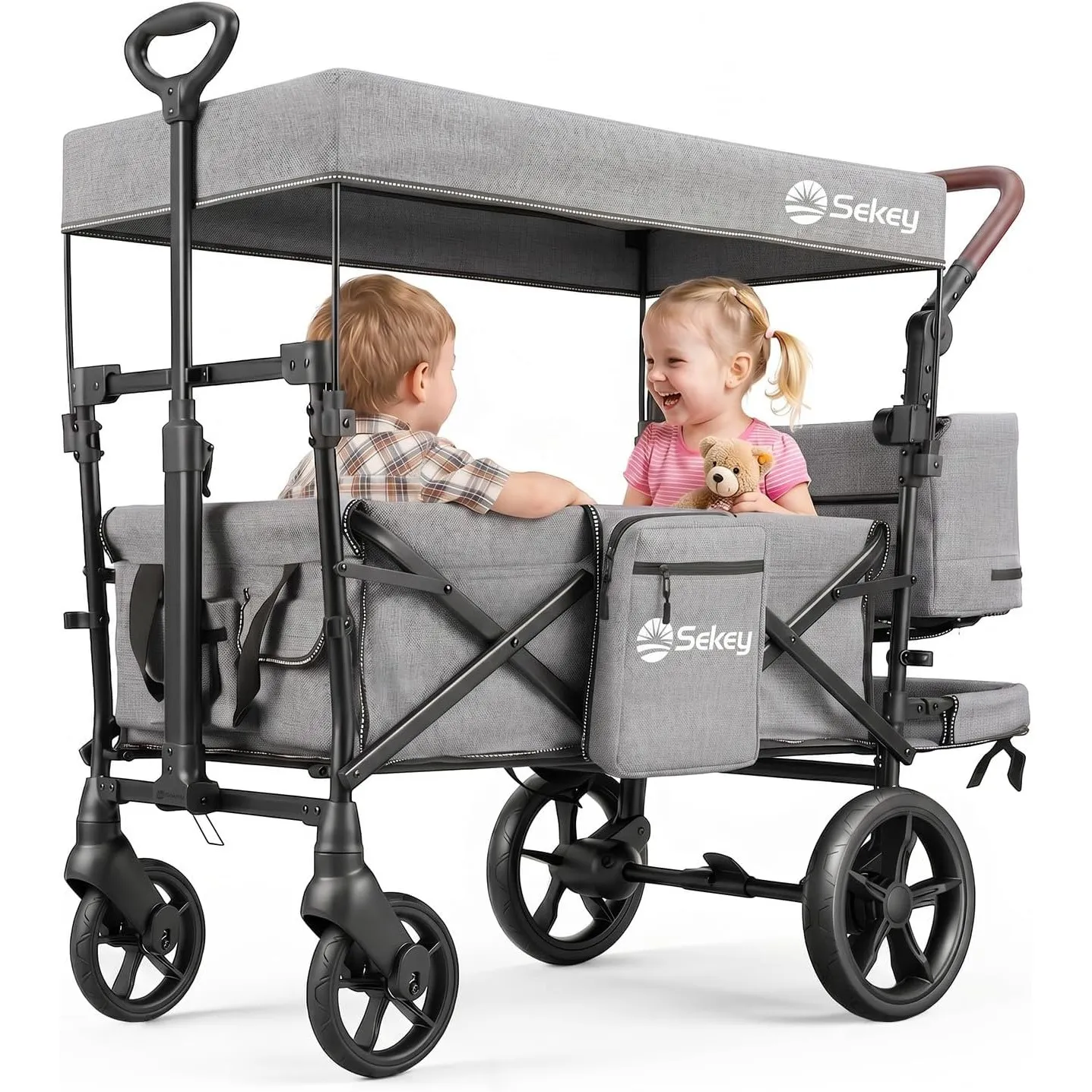 Sekey Bollerwagen Faltbar mit Dach, Kinder Bollerwagen mit XXL Rädern (Ø 24/20 cm) für 1–2 Kinder, Federung & Kugellage…