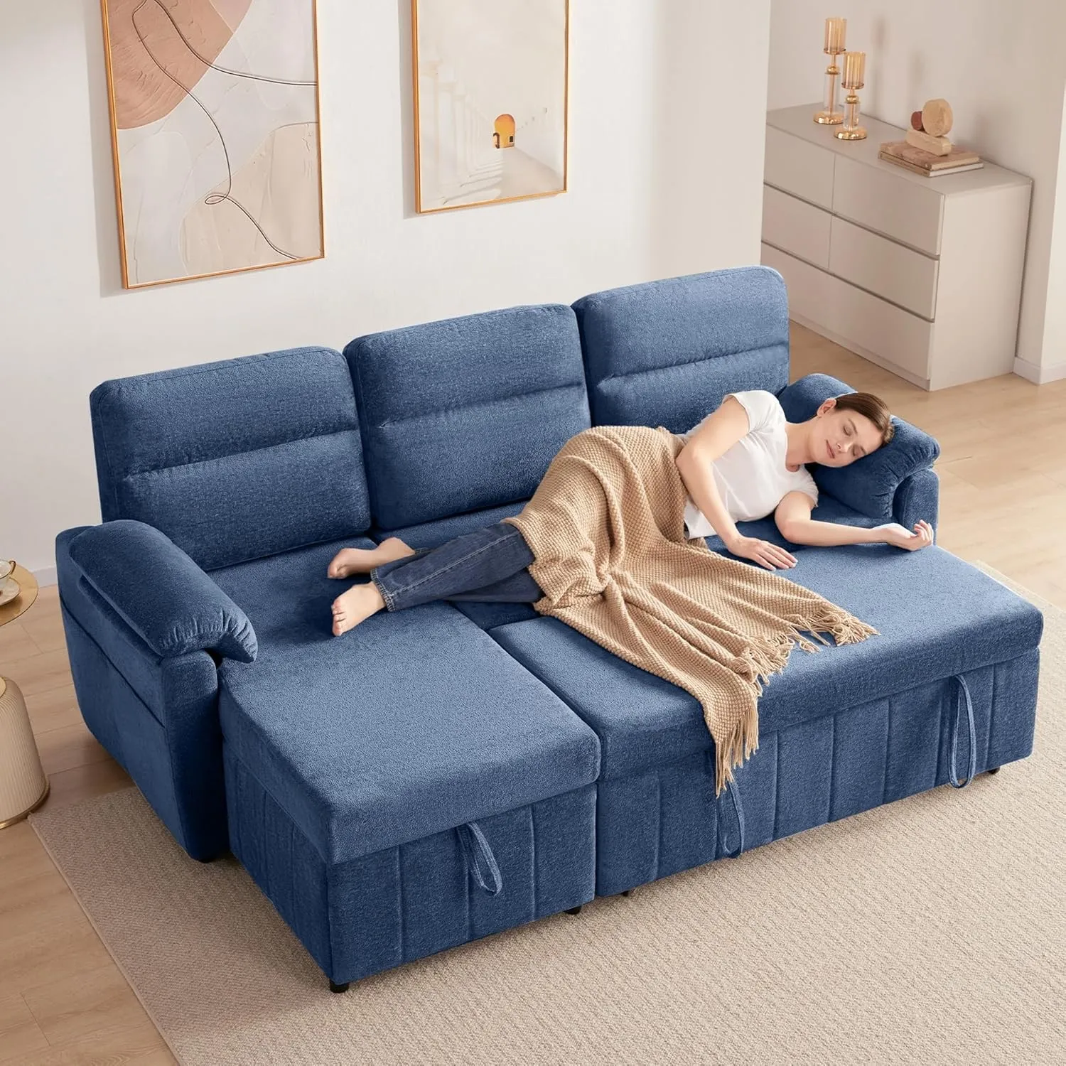 Kingfun 203cm Ecksofa mit Schlaffunktion & Bettkasten, 3-Sitzer ausziehbares L-Form Schlafsofa mit USB & Stauraum, Klei…