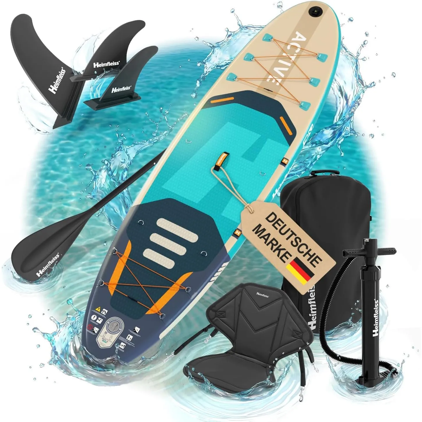 Heimfleiss® SUP Board aufblasbar Komplettset 320 x 81 x 15 cm (bis 200kg) | Stand Up Paddling Board mit Sitz & Kajak-Fu…