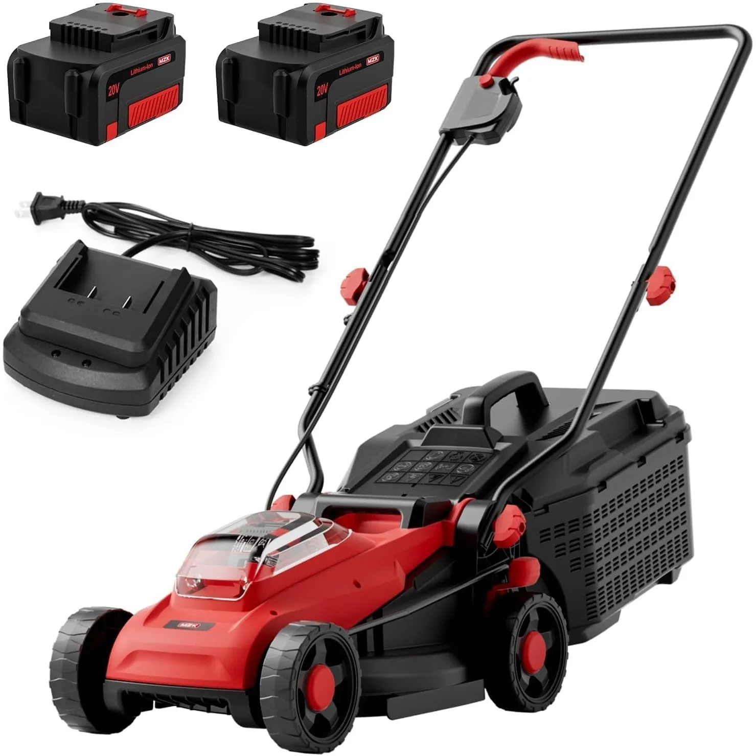 MZK Akku Rasenmäher 20V 34cm, bürstenlos, 2x4Ah Akku & Ladegerät | Leiser Akku-Rasenmäher mit Akku, 31L Fangkorb, 4 Sch…