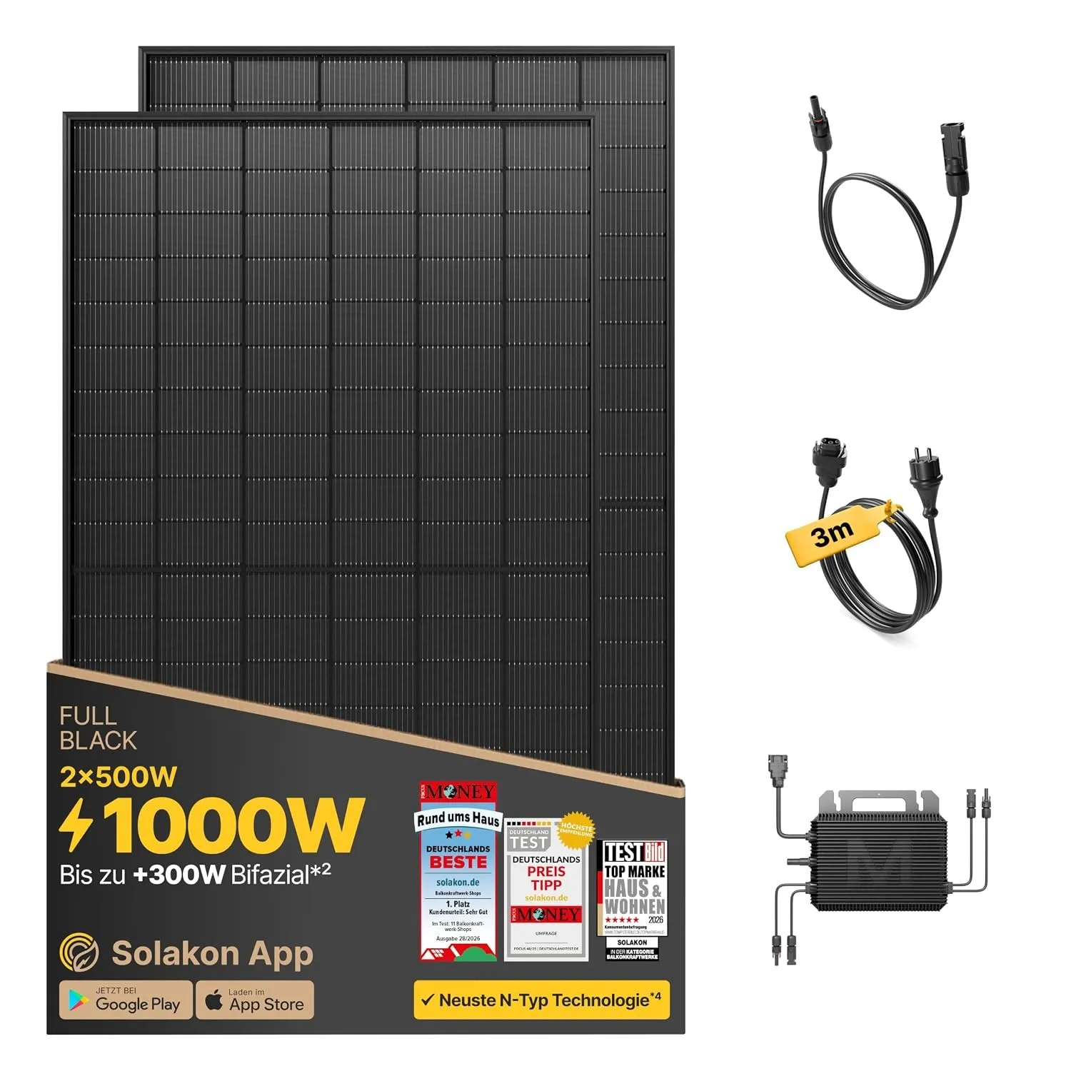 Solakon® 1000W Balkonkraftwerk komplett Steckdose, Ohne Halterung, 3m Kabel