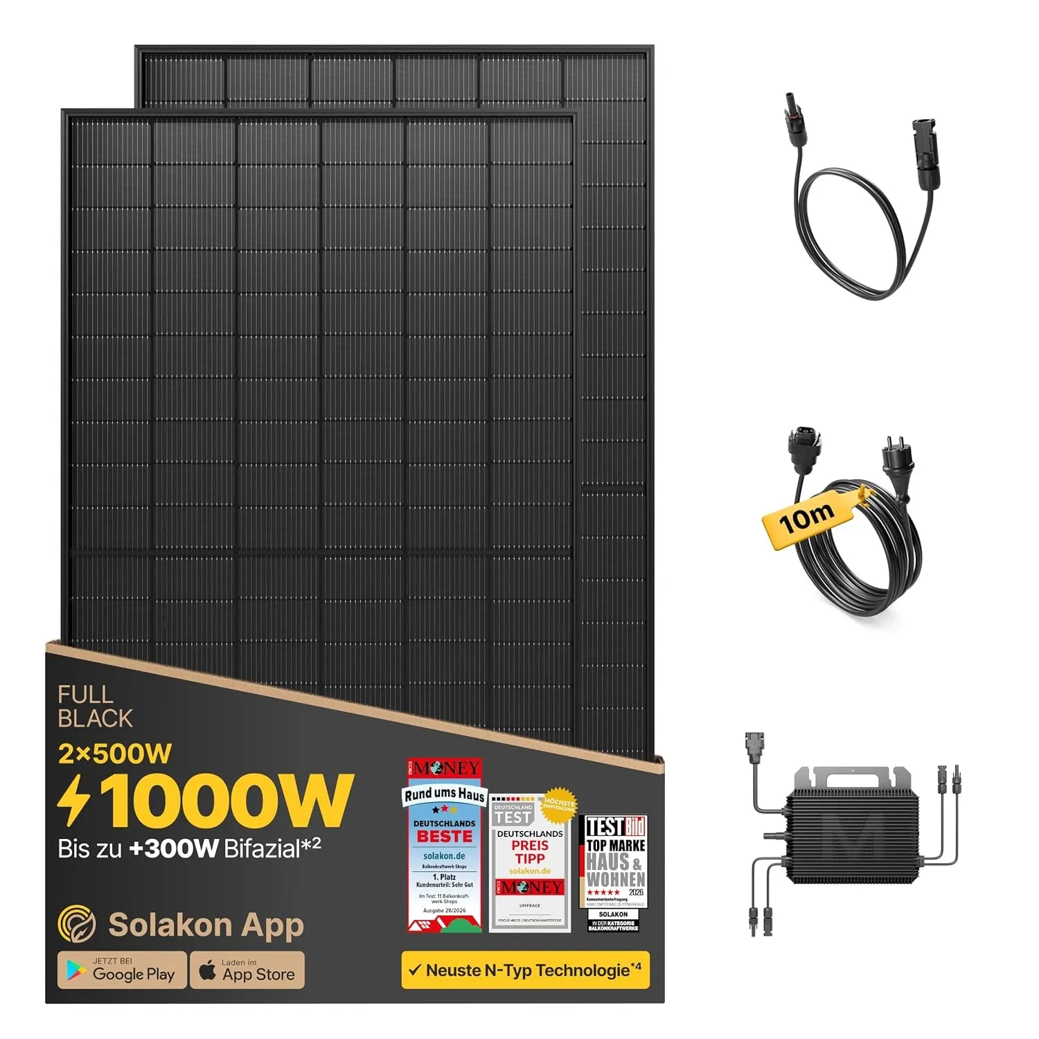 Solakon 1000W Balkonkraftwerk komplett Steckdose, Ohne Halterung, 10m Kabel