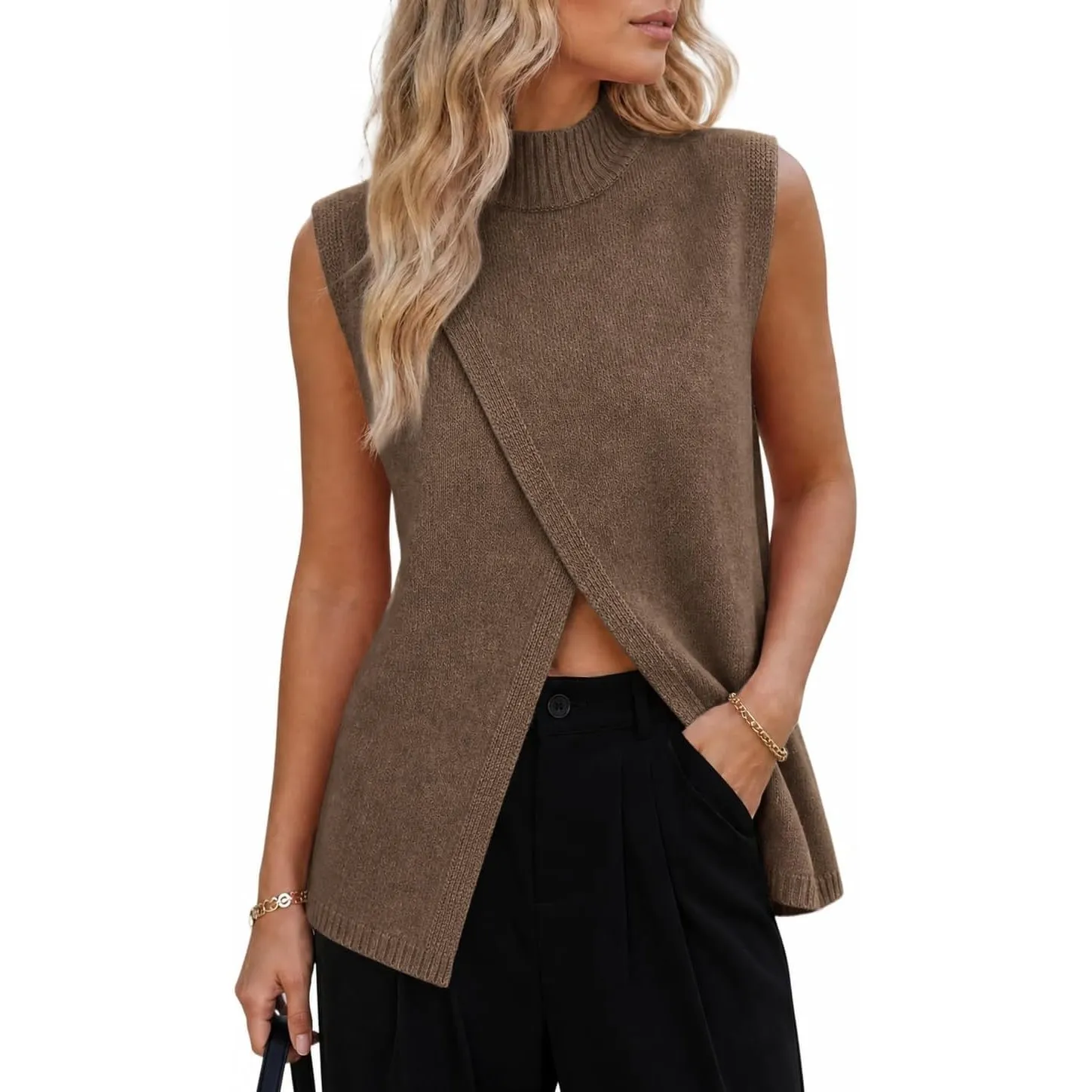 Saodimallsu Damen Ärmellos Strickweste Stehkragen Pullover Weste